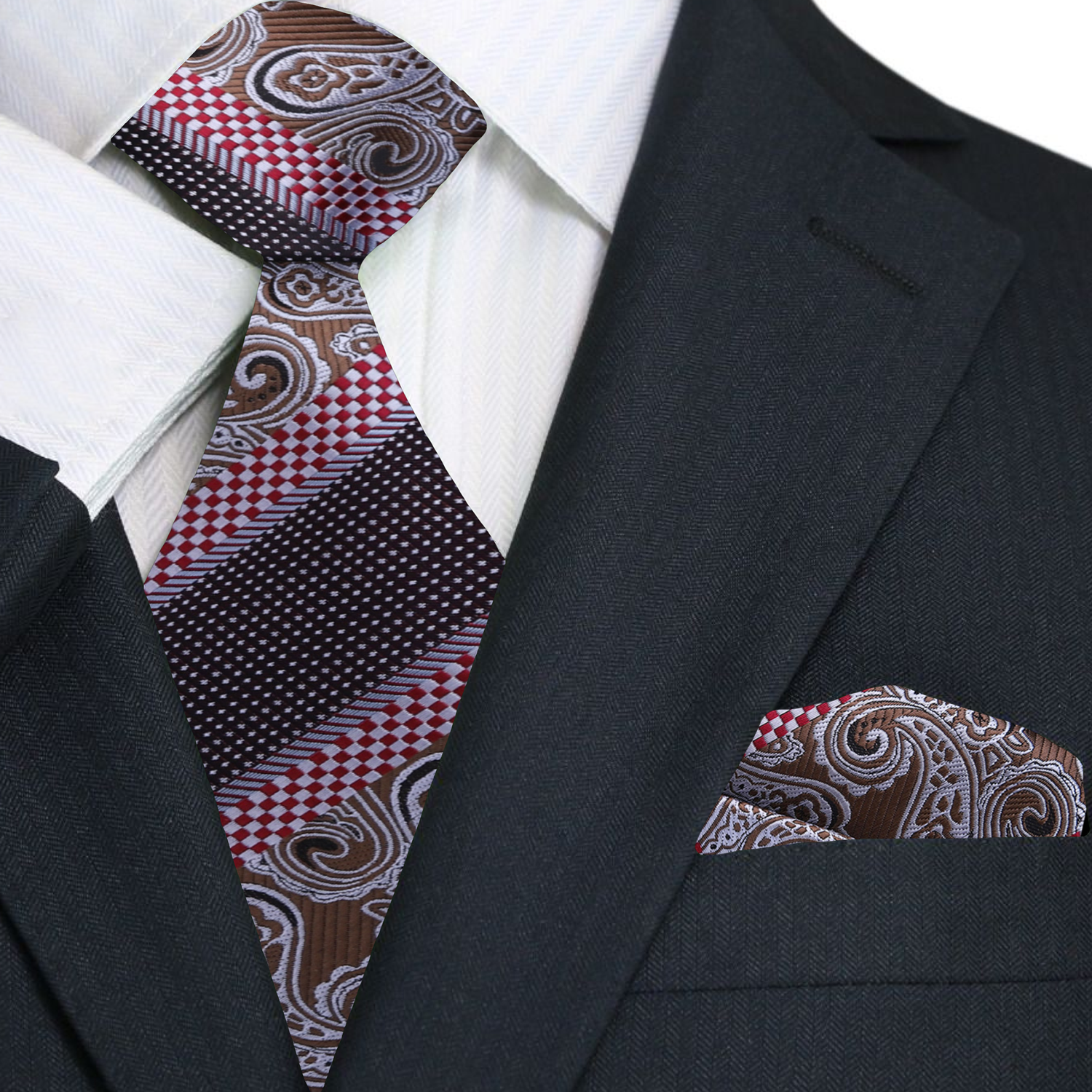 Close-up of the paisley pattern on the necktie, showcasing its intricate design