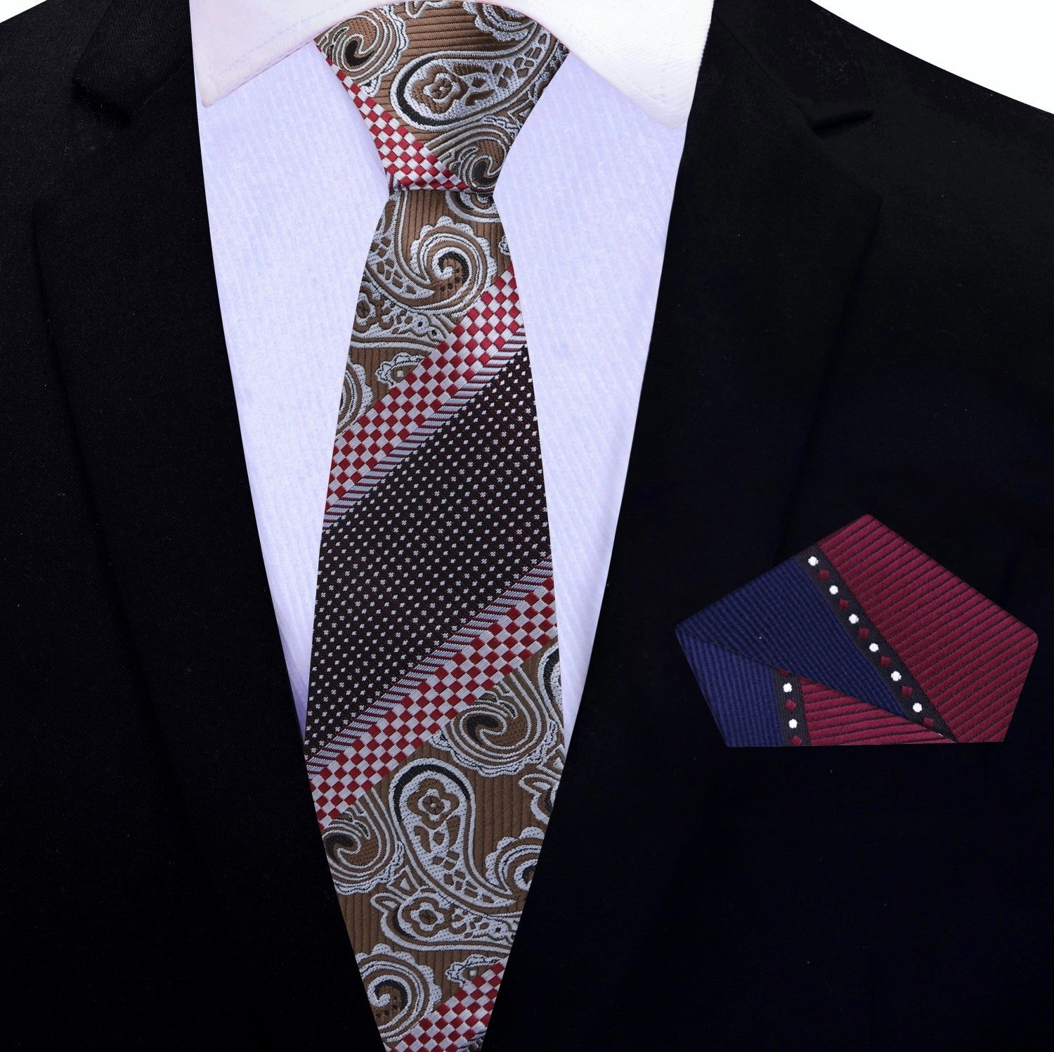 Elegant paisley necktie in red and blue displayed on a white shirt