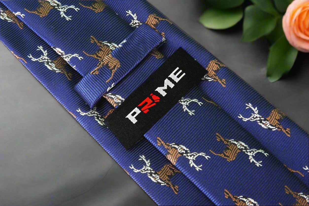 Close-up view of the Majestic Wilderness Silk Tie showcasing the detailed antlered deer pattern.