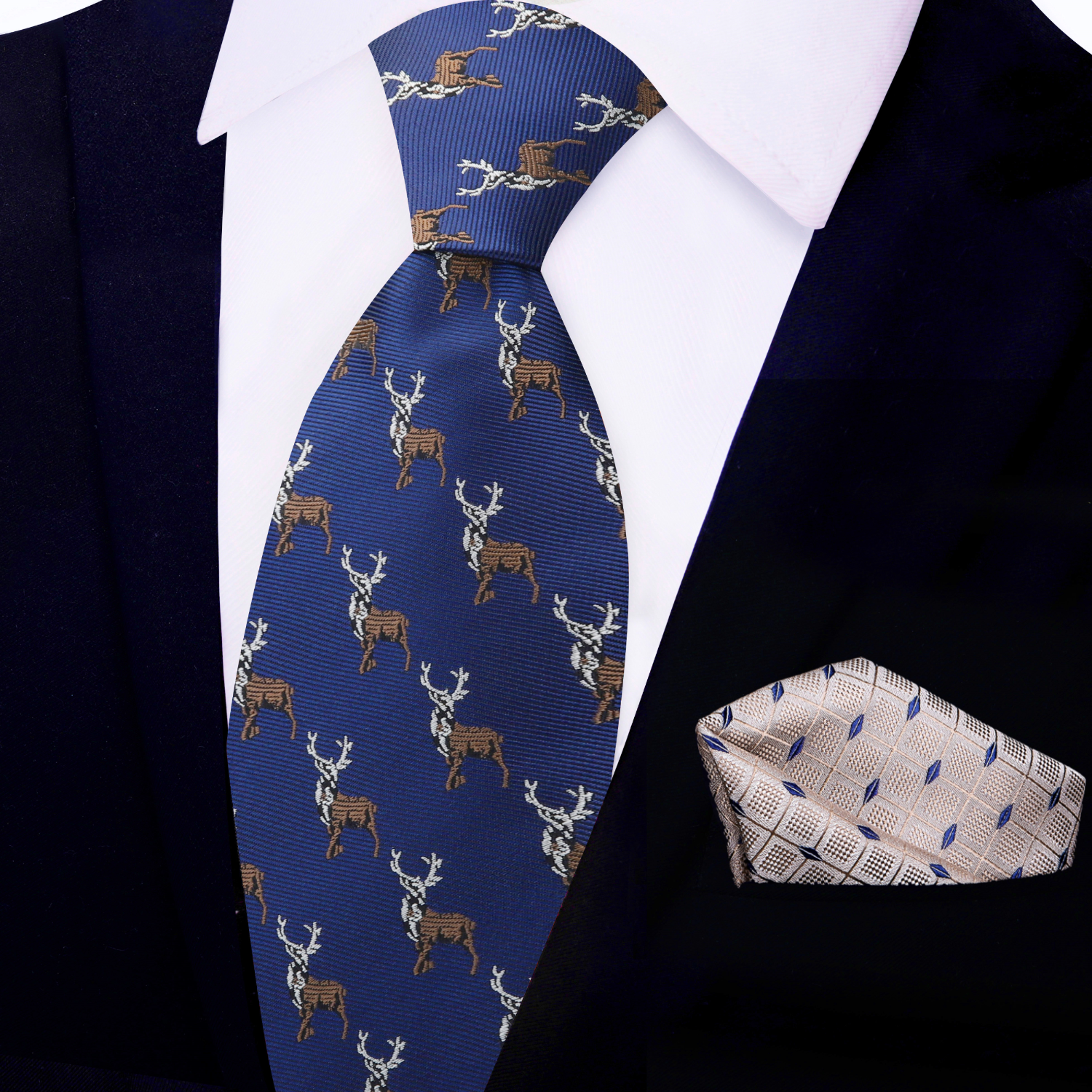 Flat lay of the silk tie alongside a solid blue pocket square and a crisp white dress shirt.