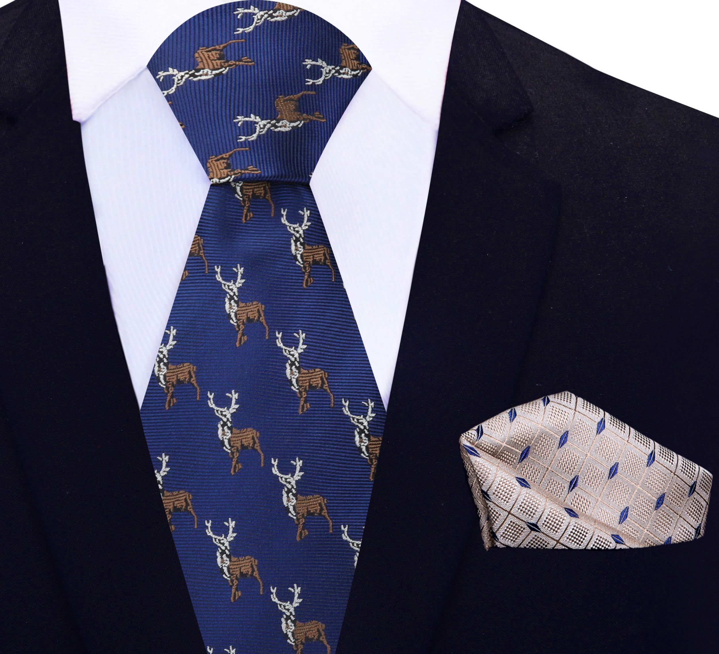 Close-up view of the Majestic Wilderness Silk Tie showcasing the detailed antlered deer pattern.