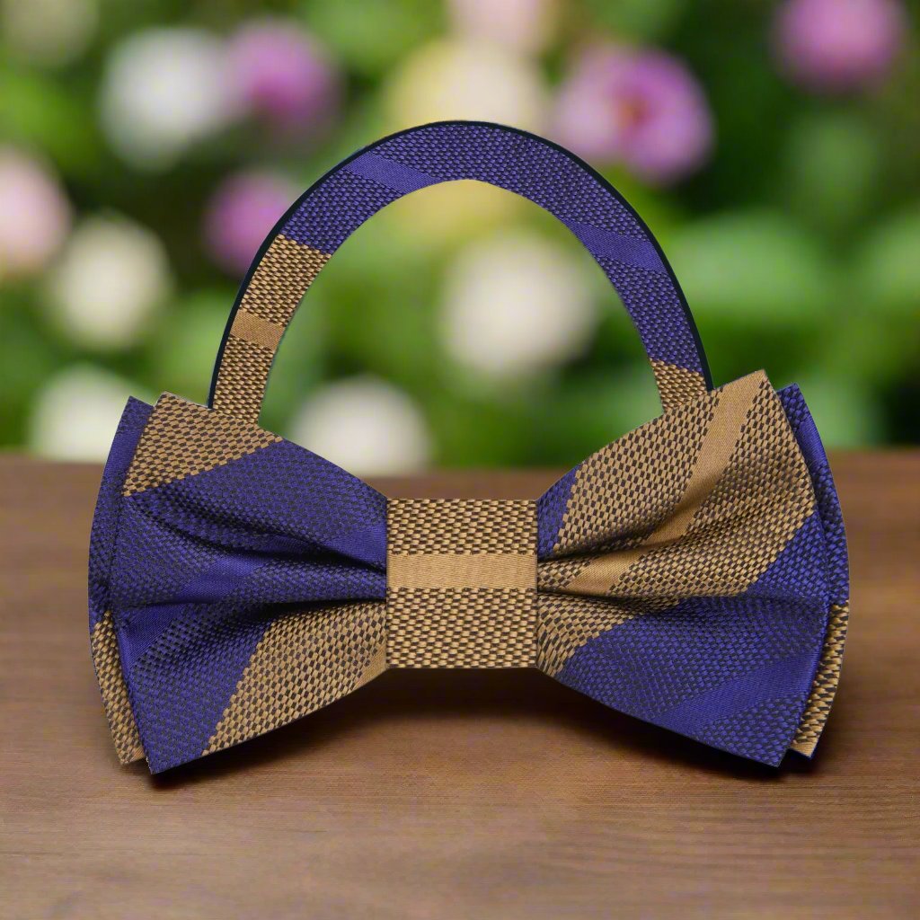 Elegant grey and pink striped silk bow tie styled with a white dress shirt for weddings