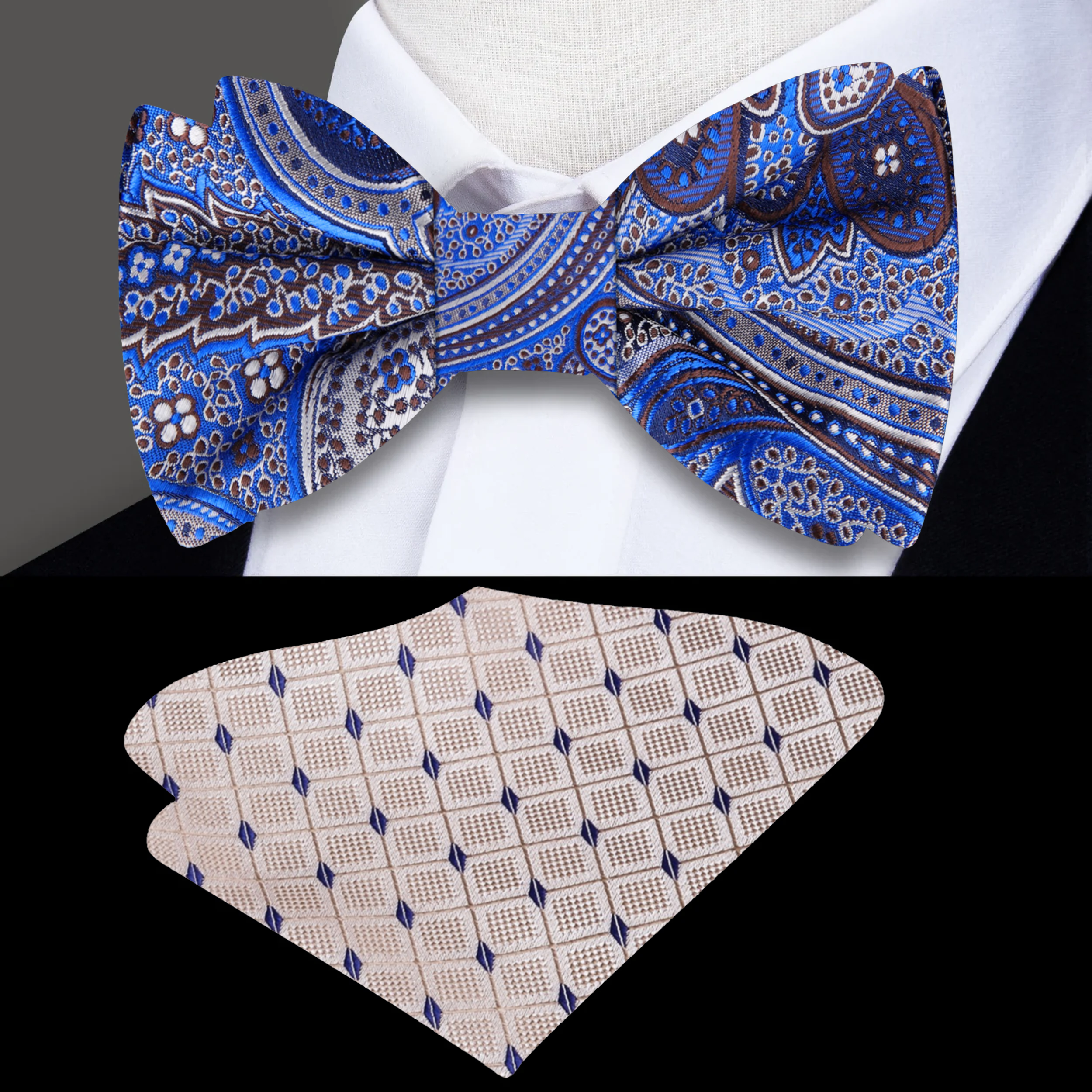 Front view of dark blue and brown paisley silk bow tie on a white background