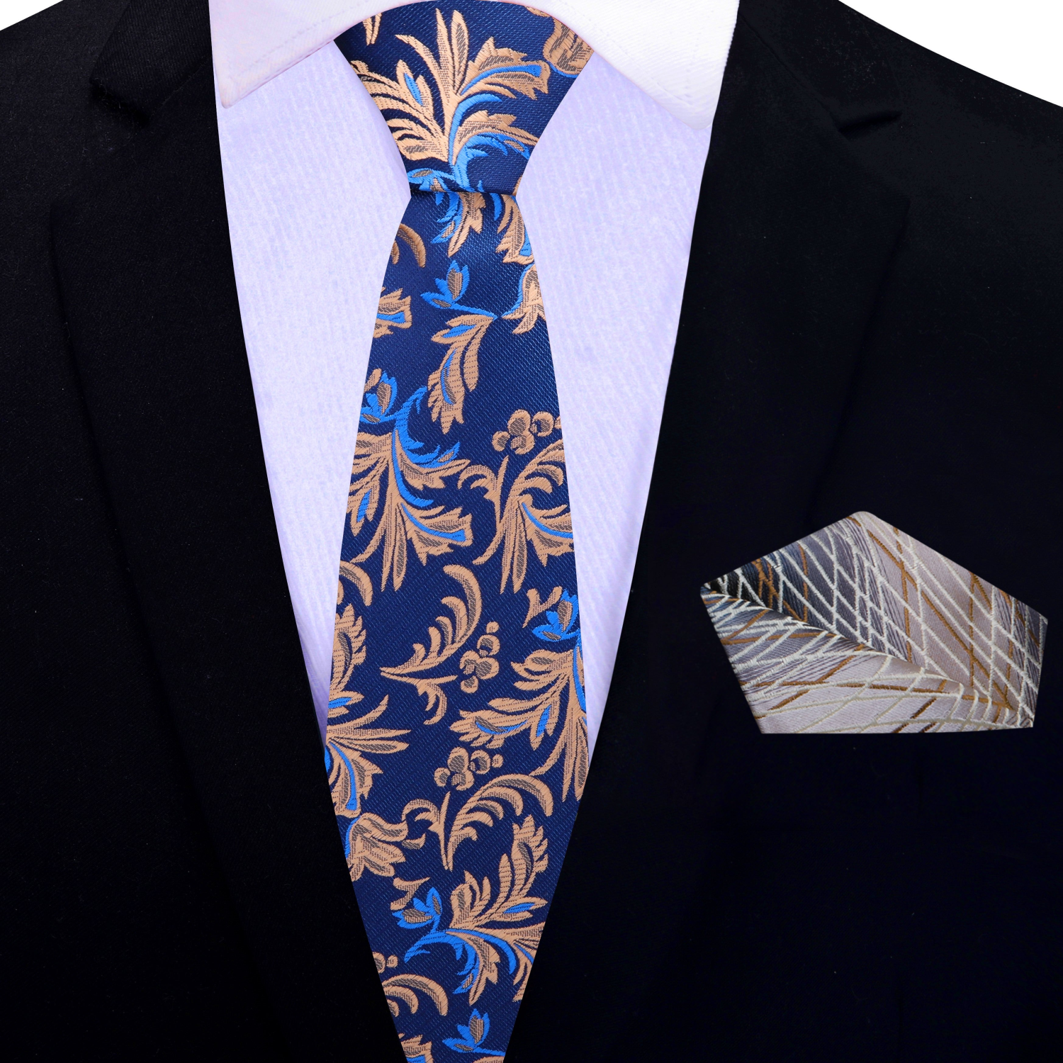 Model wearing Zagato floral silk necktie for formal event