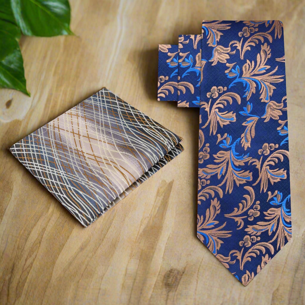 Elegant blue and brown floral silk necktie for weddings and business attire