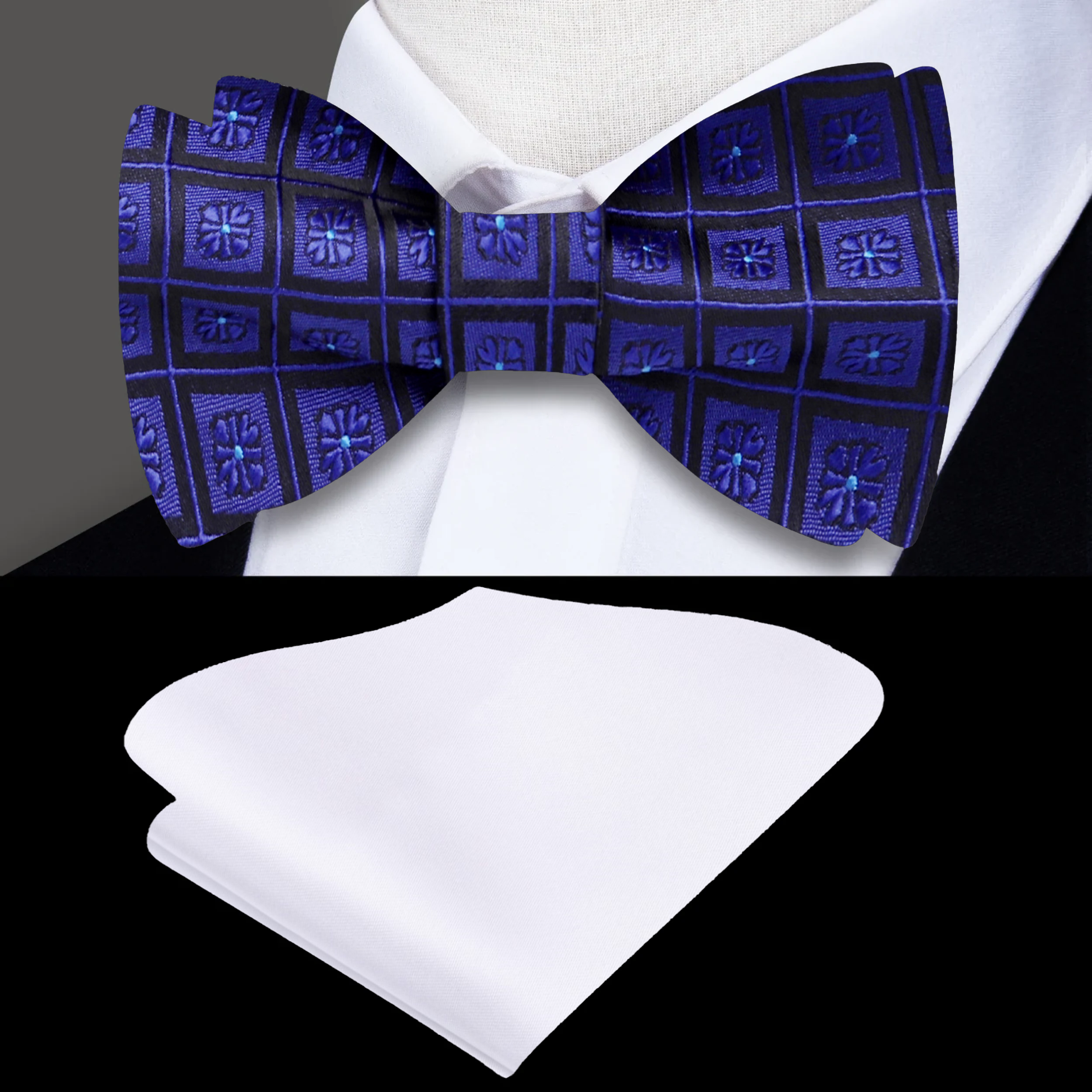 Close-up of a geometric silk bow tie on a white shirt for formal events