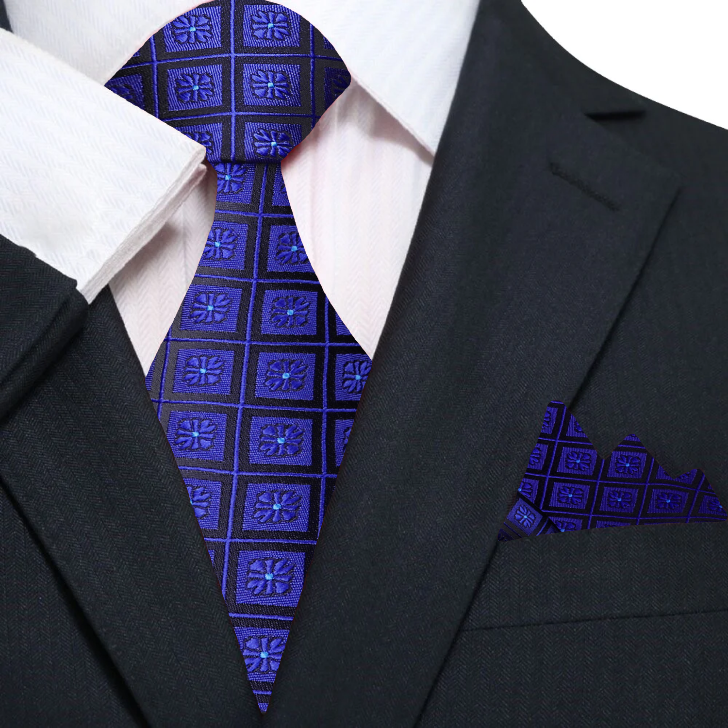 Model showcasing the black geometric necktie paired with a white dress shirt.