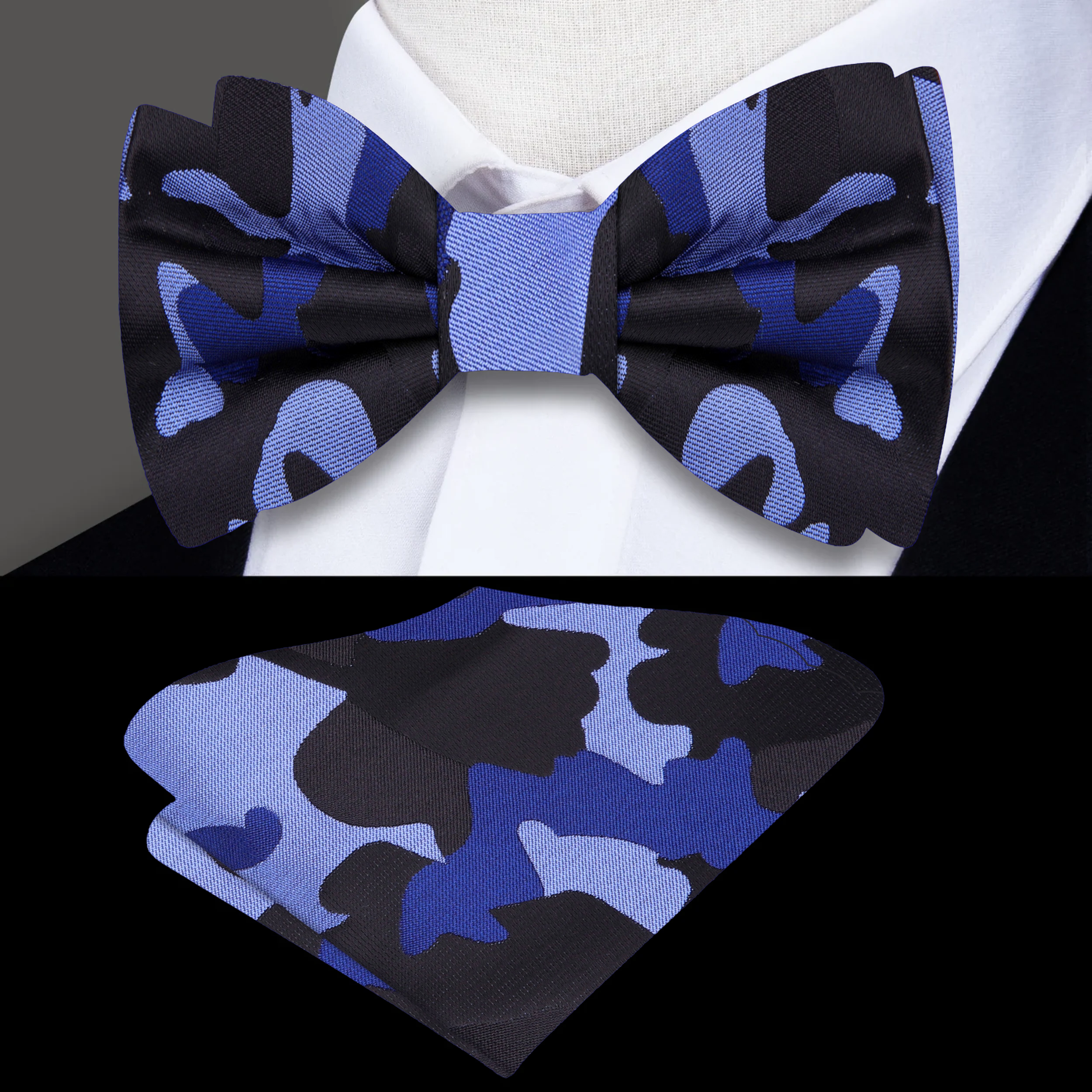 Man adjusting self-tie camouflage bow tie for a formal event