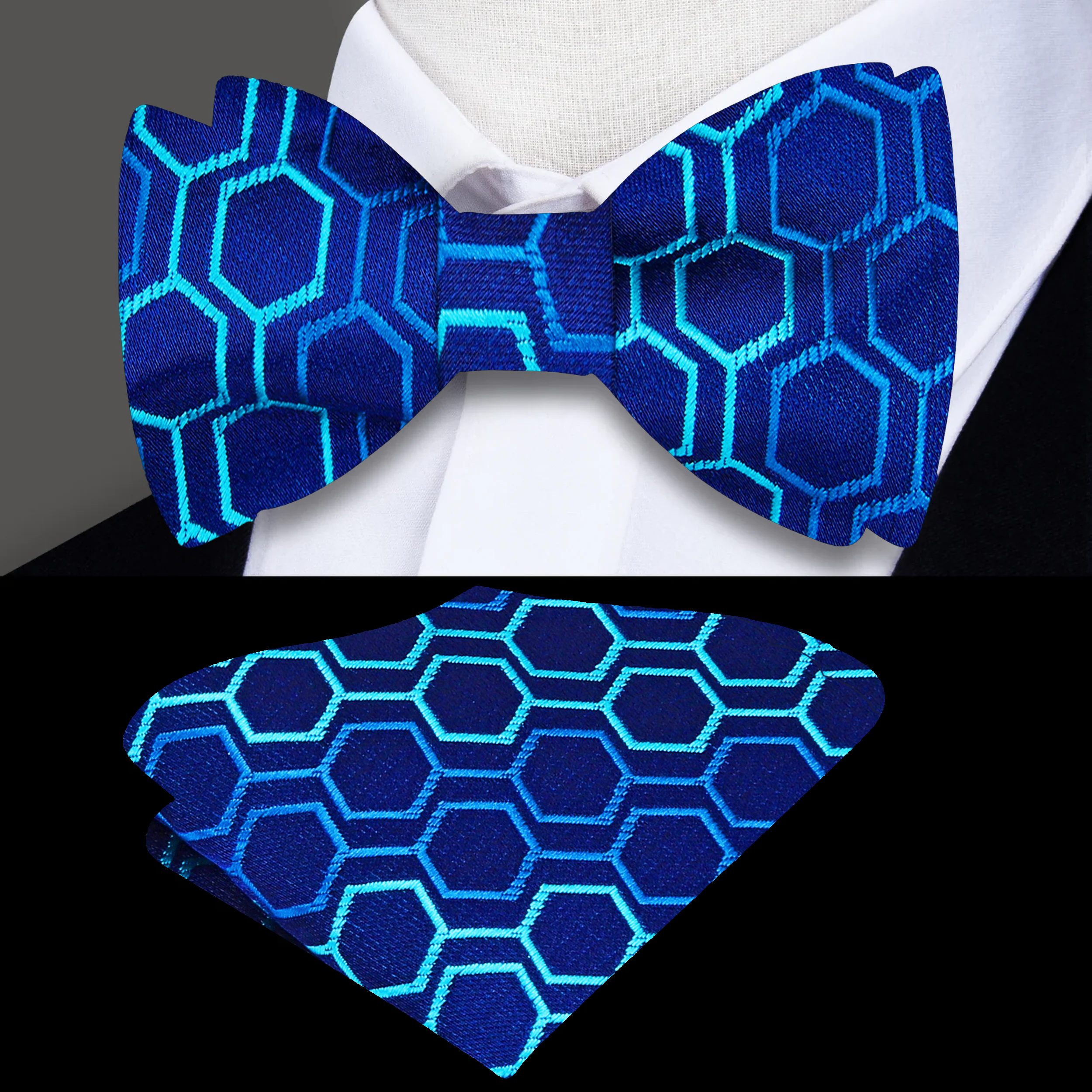 3D honeycomb pattern bow tie in black with red, showcasing its unique texture.