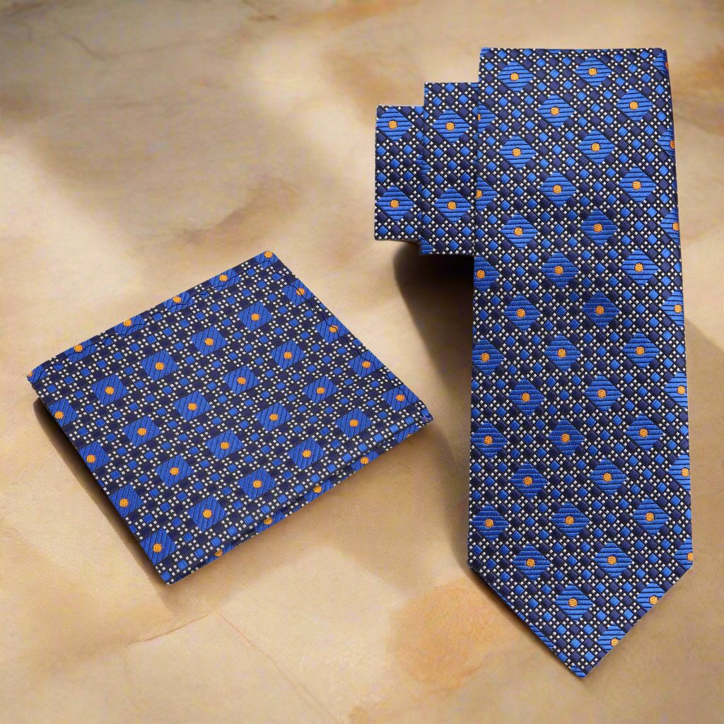 Front view of a luxury geometric silk necktie in blue tones, ideal for business meetings