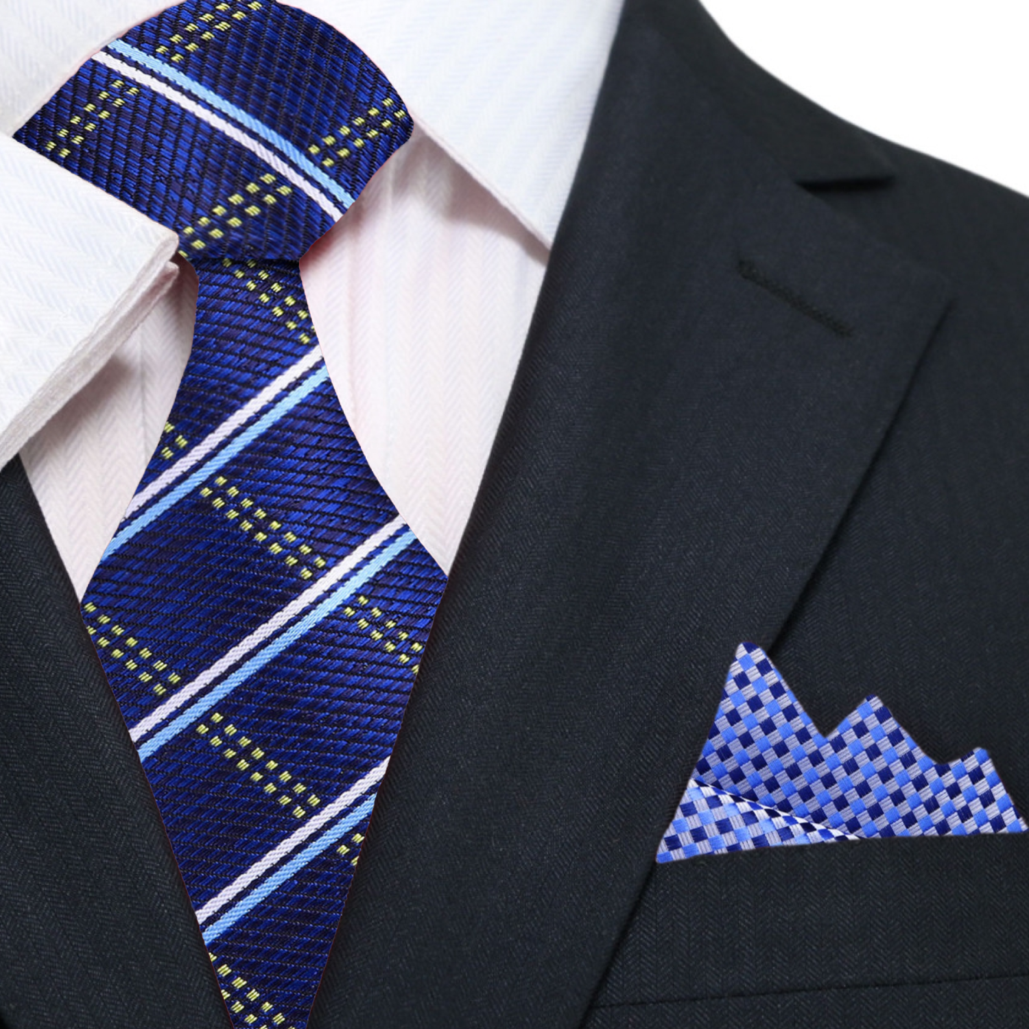 Model wearing a stylish blue plaid tie with navy suit for formal events