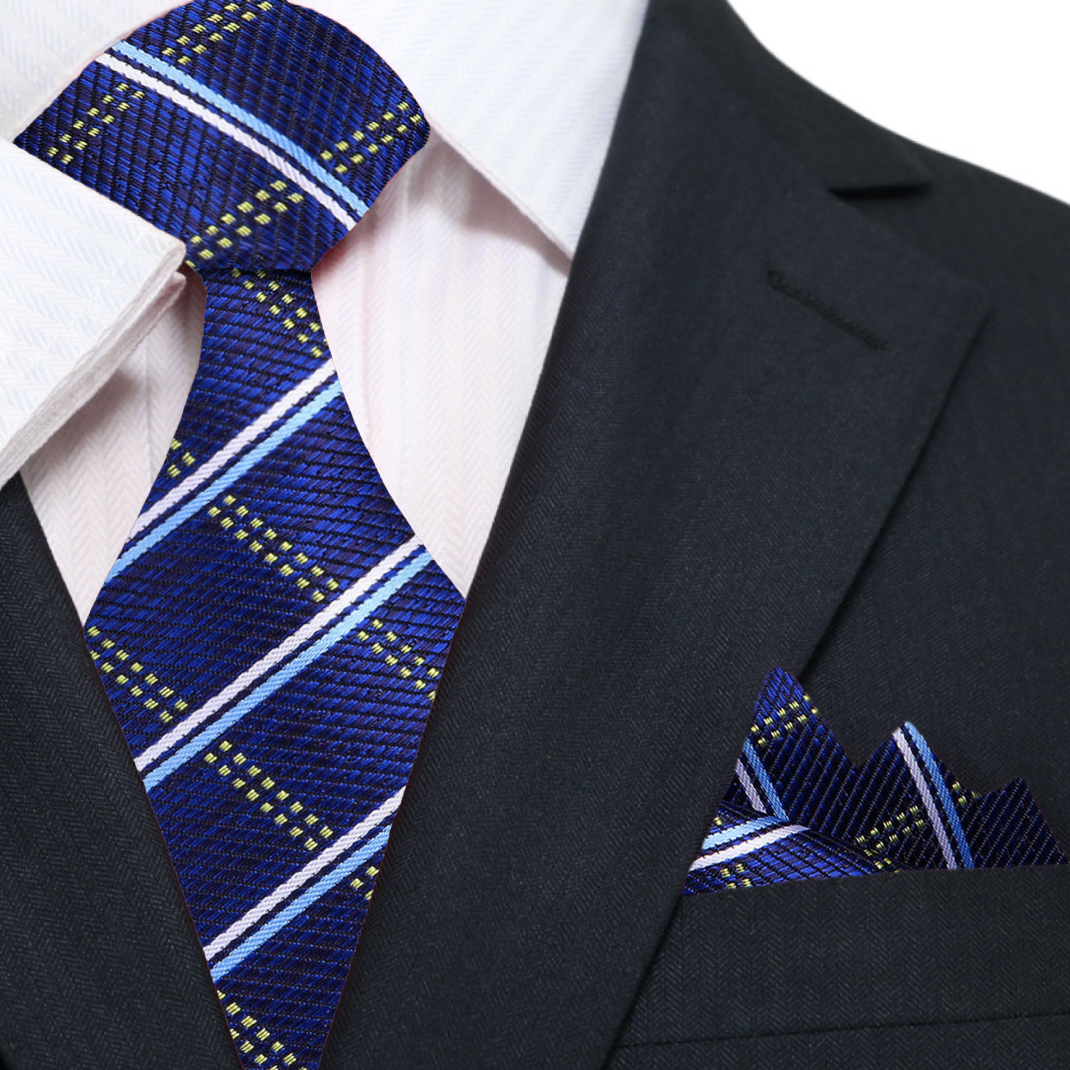 Front view of a blue plaid necktie with silk texture, ideal for weddings and business attire