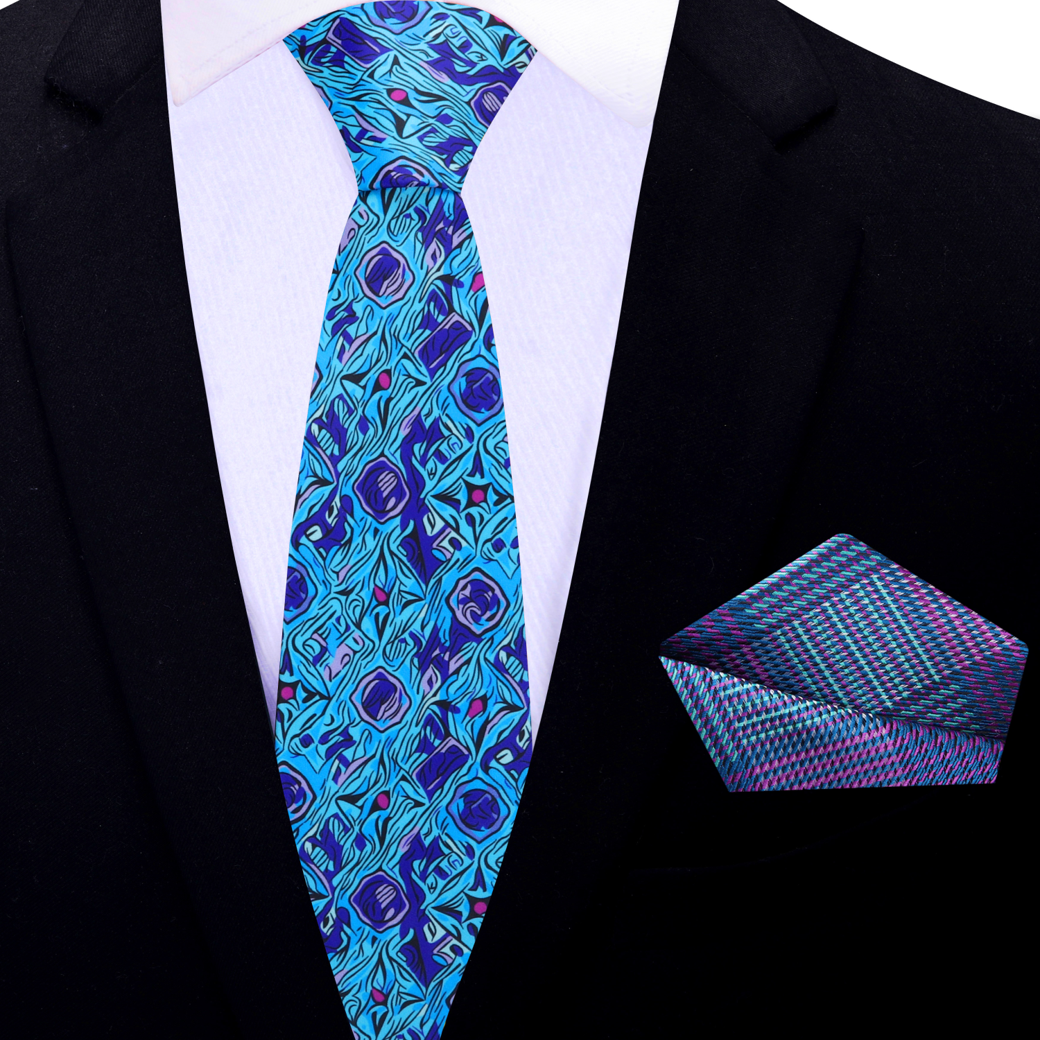 Luxe necktie paired with a light lavender dress shirt and navy suit