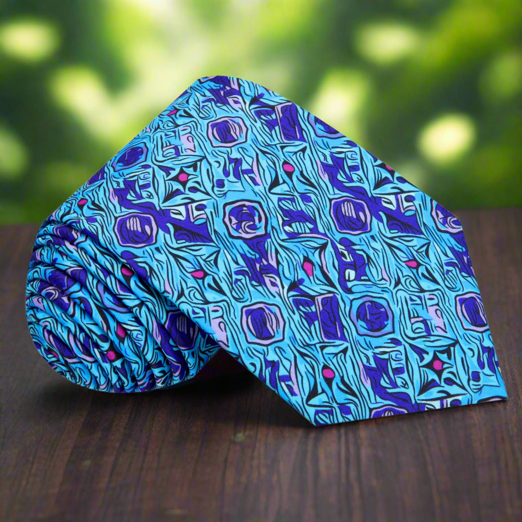 Luxe blue purple silk necktie displayed on a white background