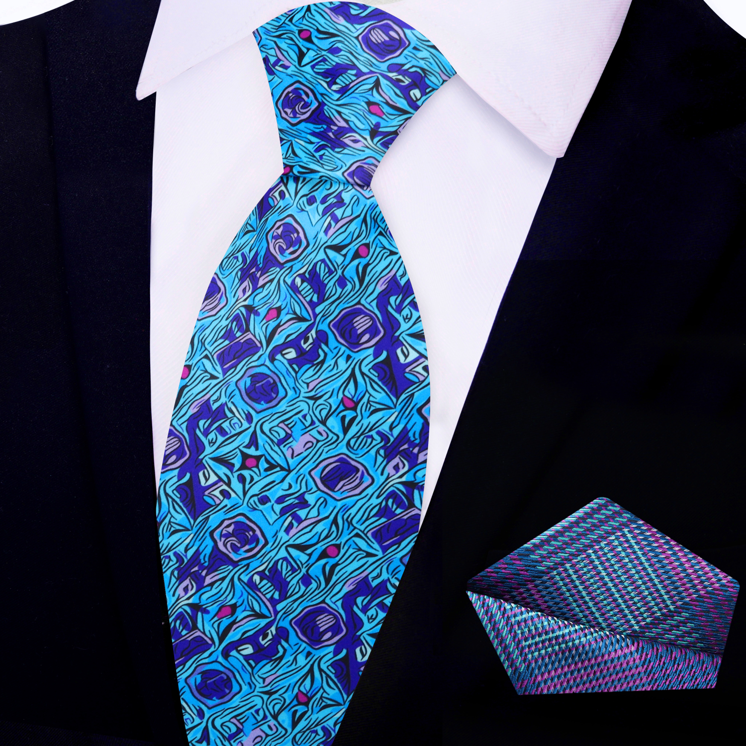 Luxe blue purple silk necktie displayed on a white background