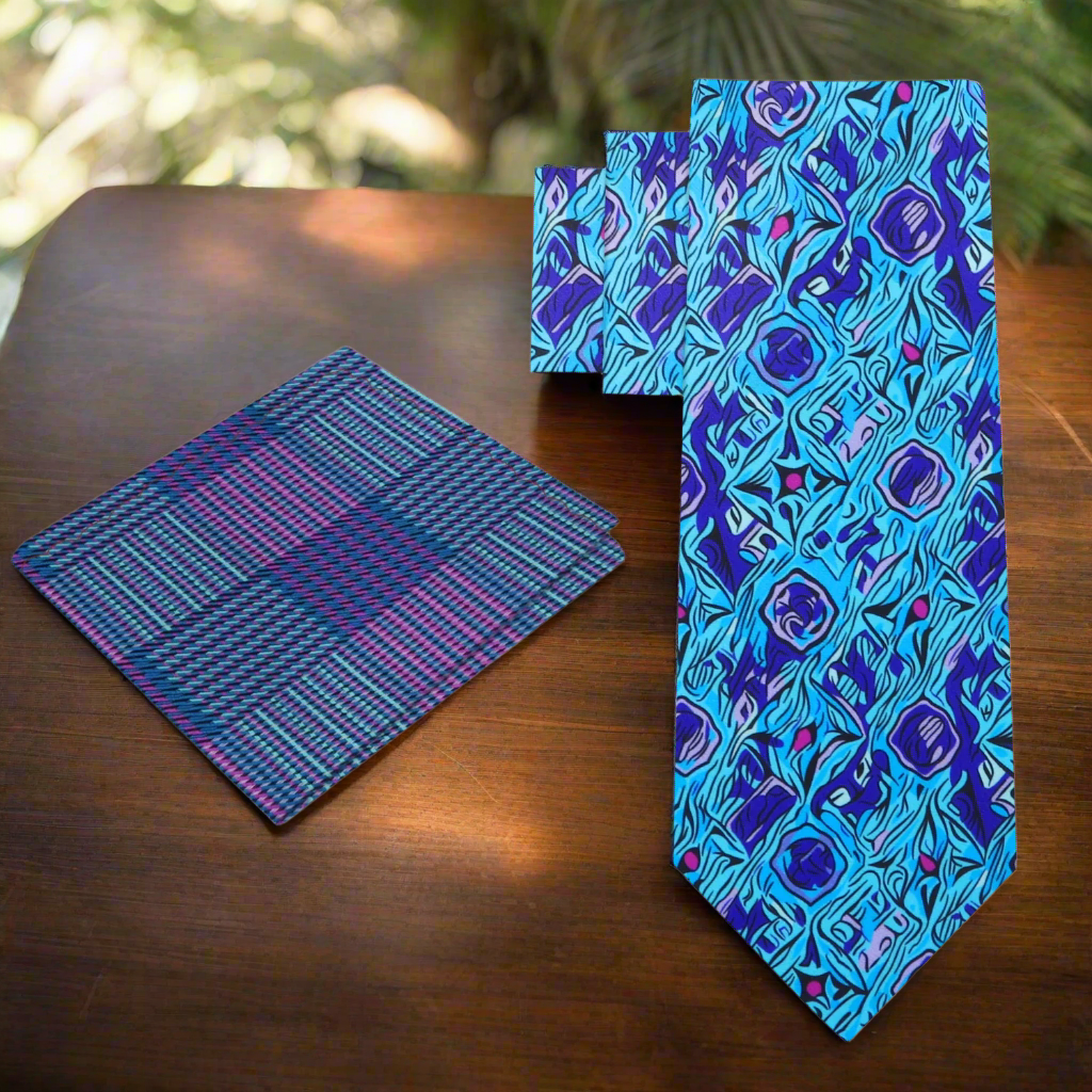Close-up of the abstract design of the blue purple tie