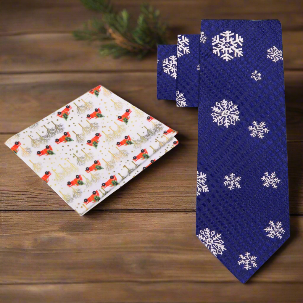 Winter-themed necktie paired with a matching pocket square, styled elegantly.