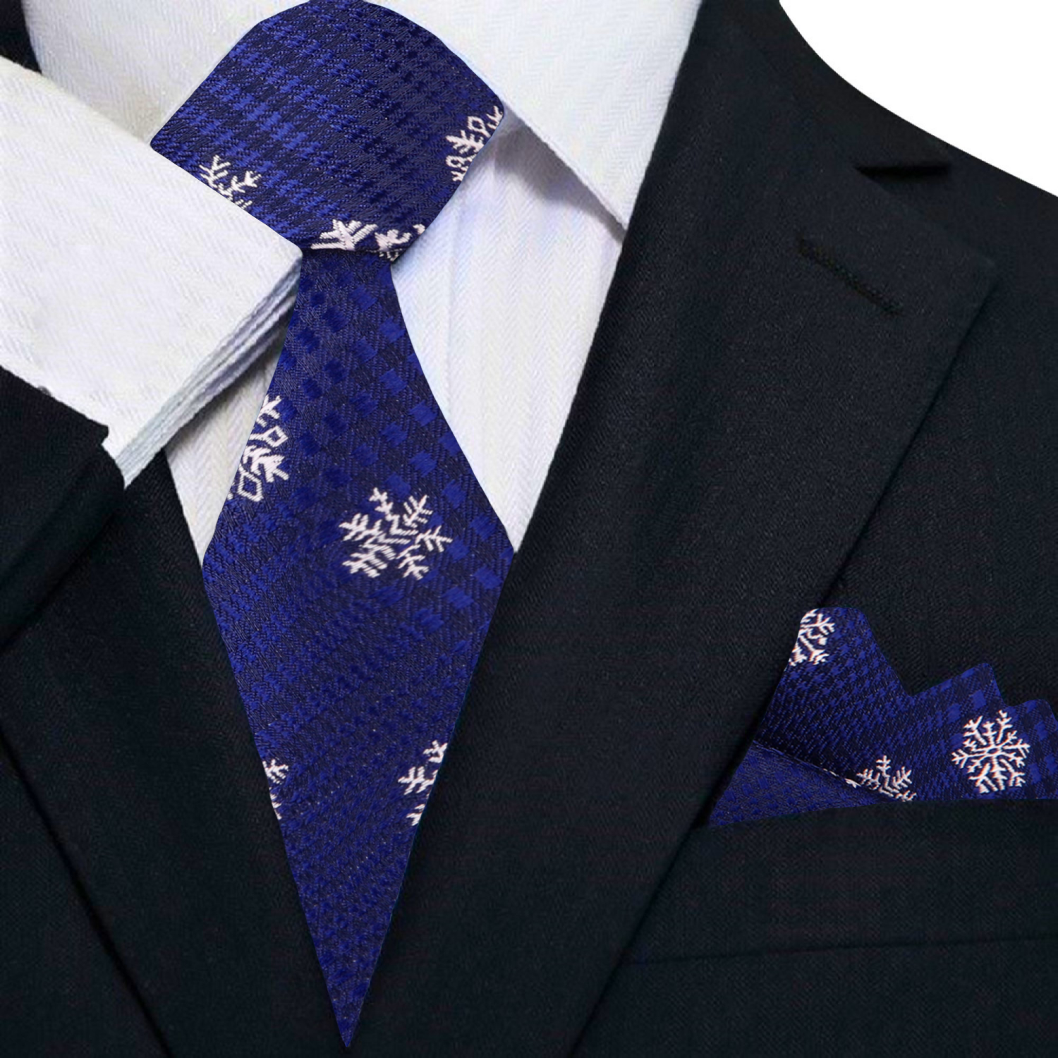 Elegant dark blue necktie featuring light grey snowflakes, ideal for holiday parties.