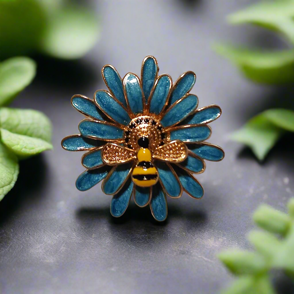 Detailed honey bee lapel pin on a suit lapel, showcasing intricate design
