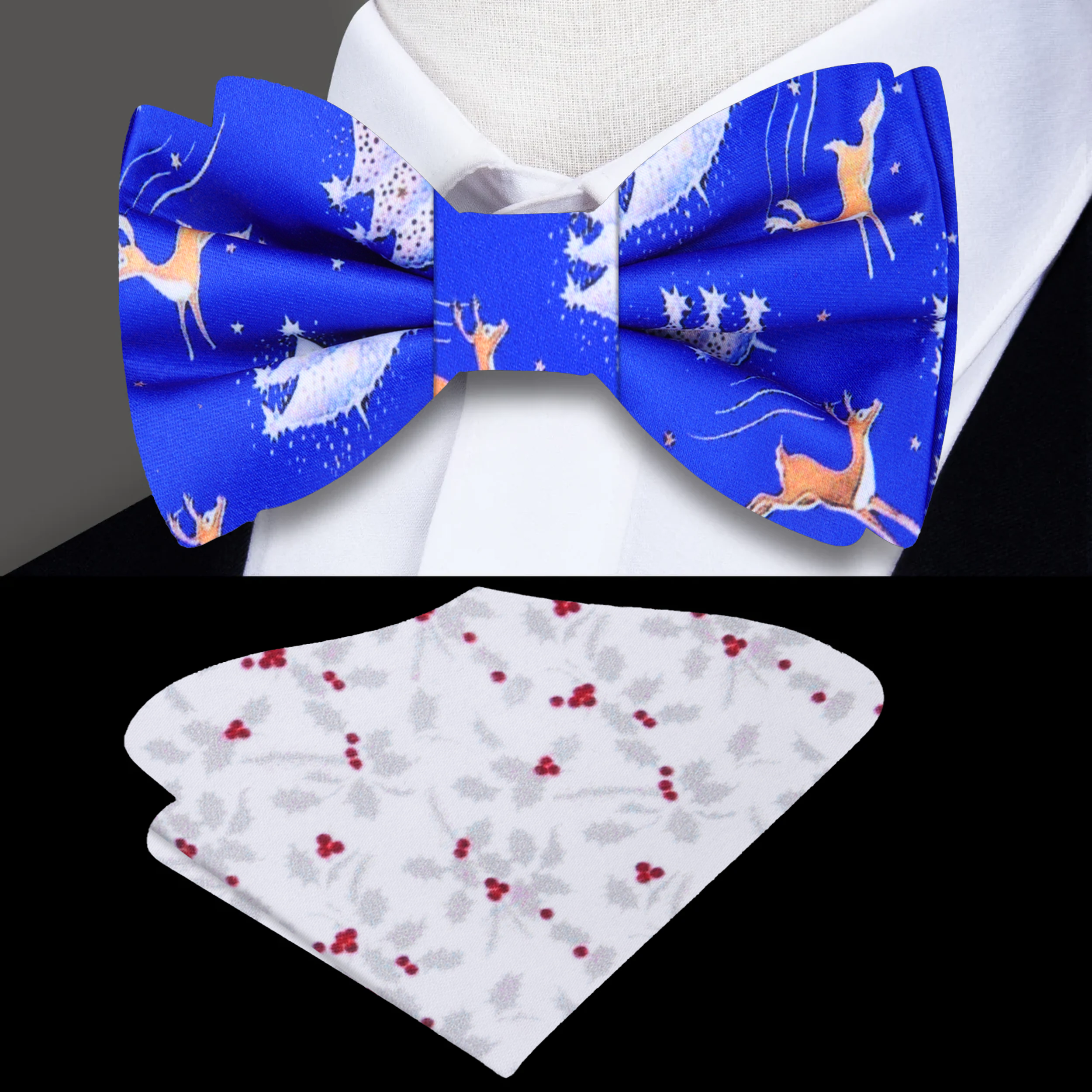 Silk bow tie with holiday pattern and matching pocket square, ideal for Christmas celebrations