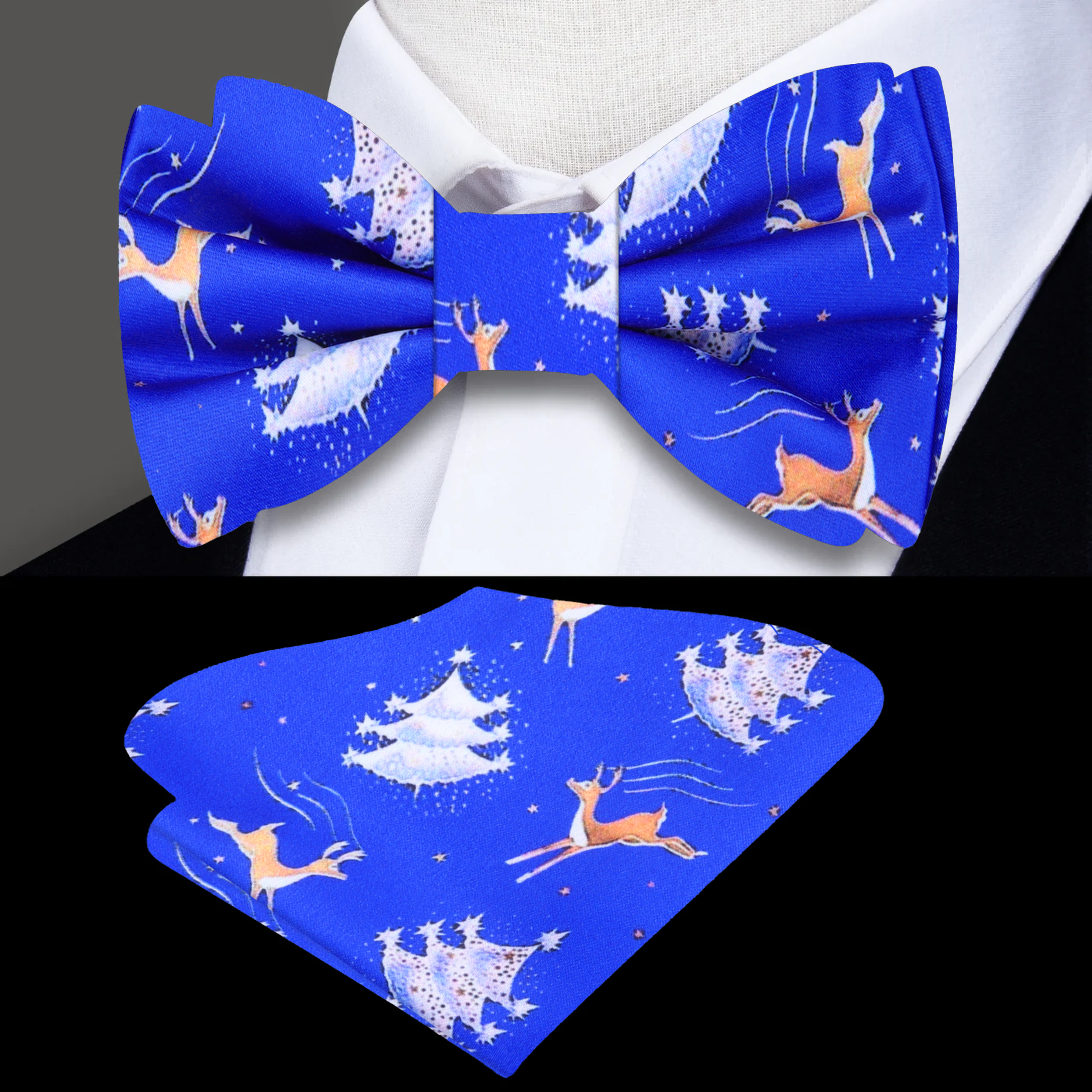 Close-up of festive silk bow tie with reindeer and Christmas trees, suitable for holiday events