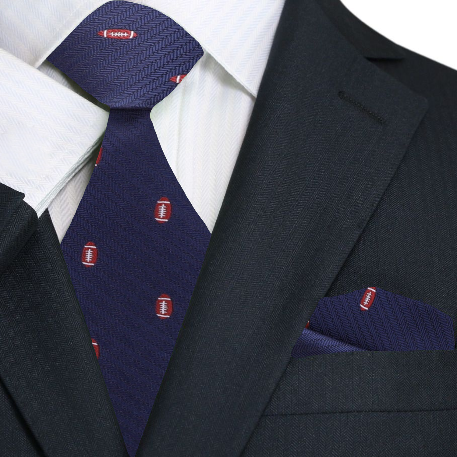 Close-up of the silk tie showing detailed football pattern on blue fabric