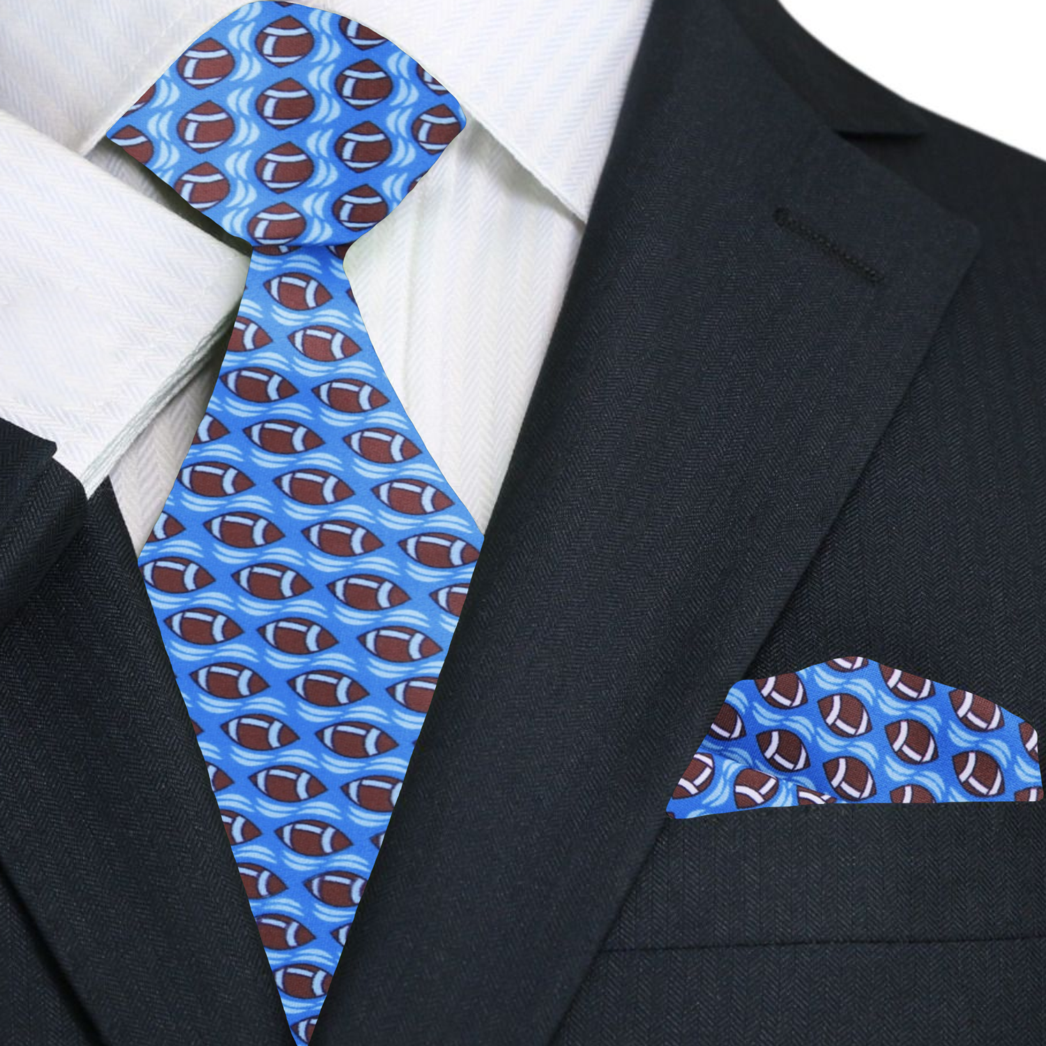 Close-up of blue football tie with brown football pattern for sports fans