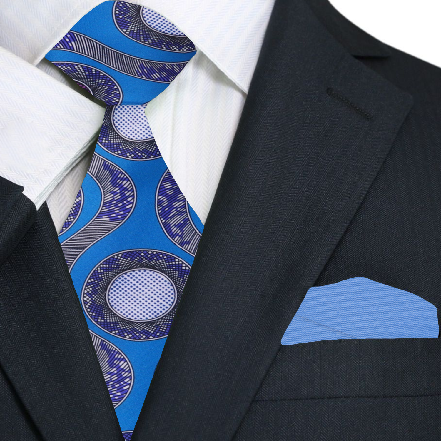 Abstract Necktie draped over a charcoal grey suit, highlighting its unique design.