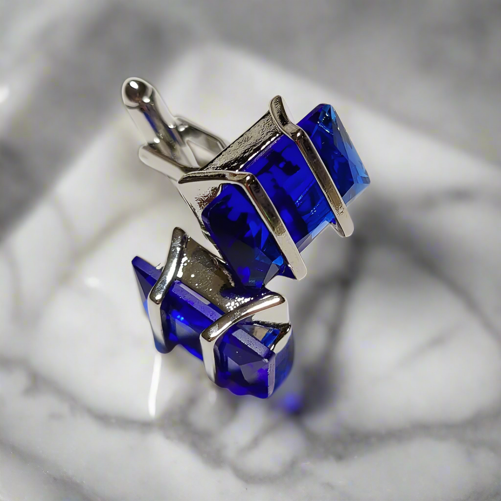 Side angle of chrome greenstone cufflinks displayed on a formal shirt, emphasizing their elegance.