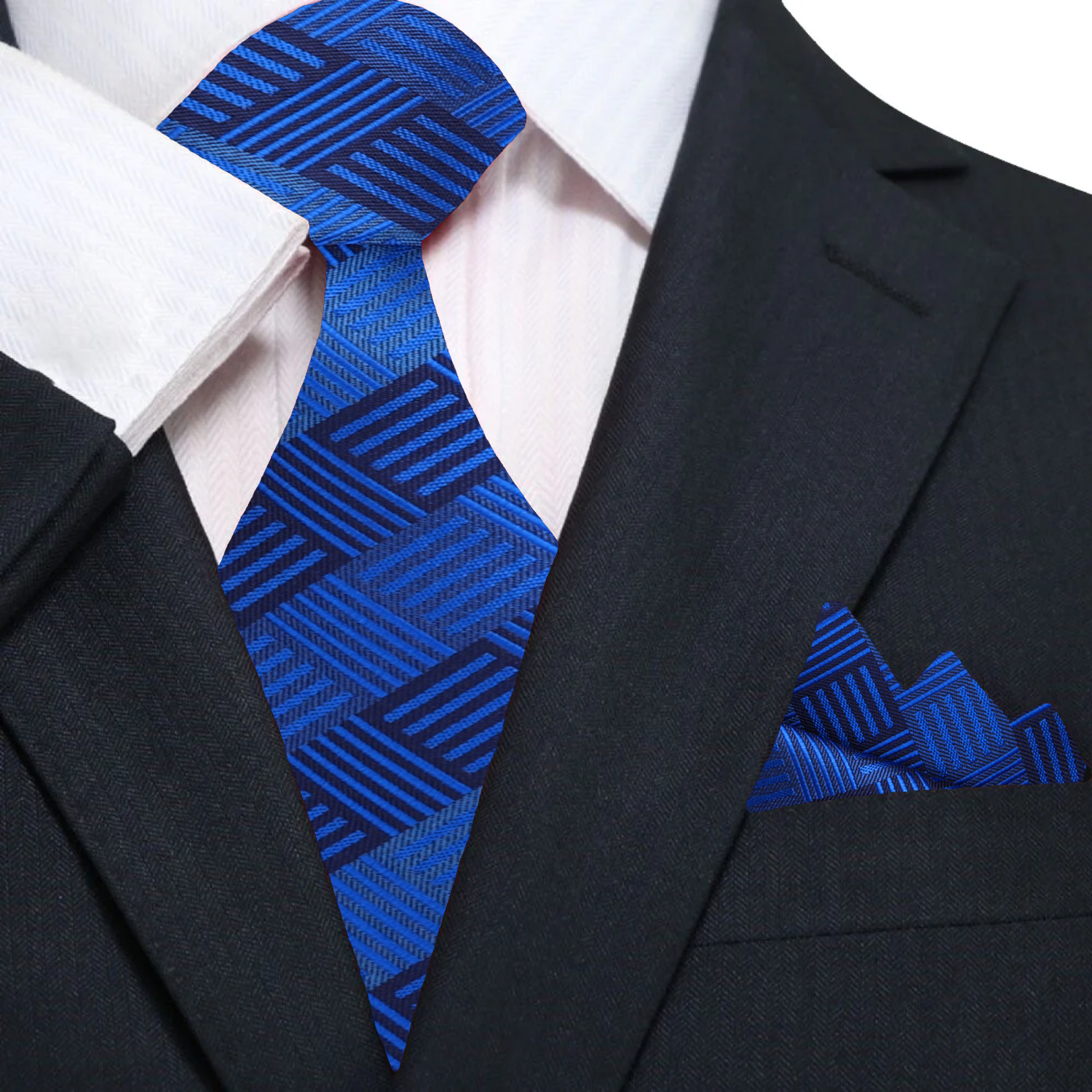 Pocket square and mens geometric tie with pocket square displayed on charcoal suit