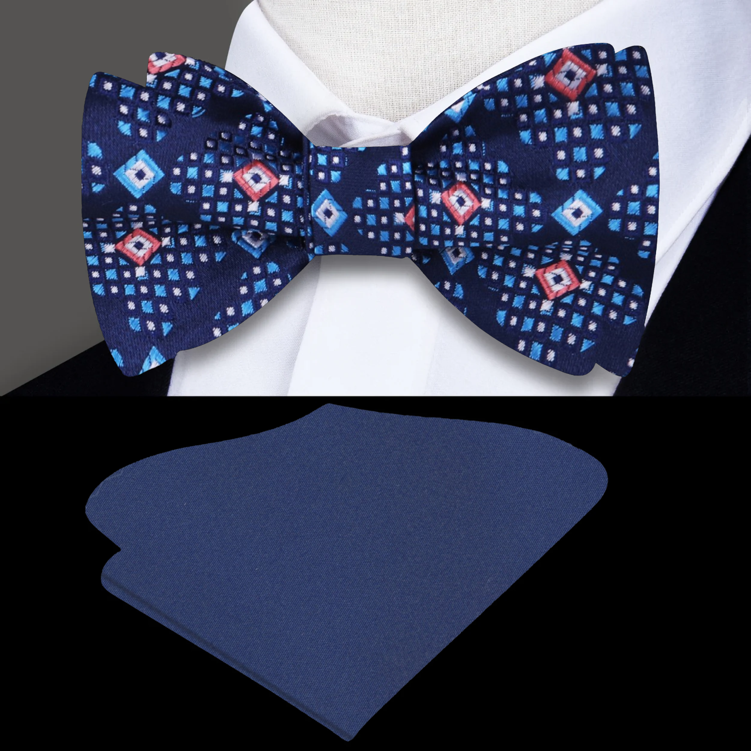 Close-up of purple geometric bow tie showcasing detailed pattern