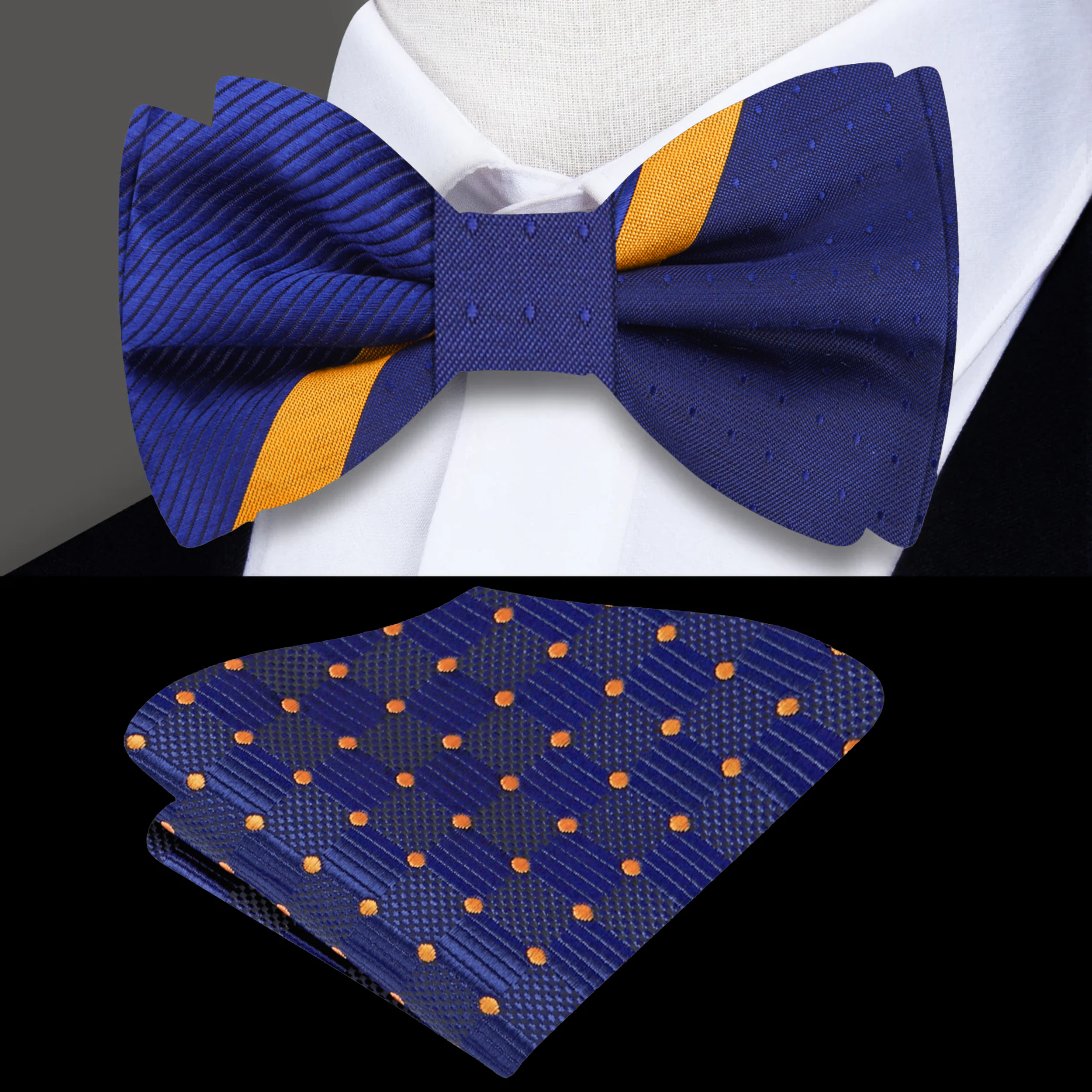 Elegant dark blue striped bow tie displayed against a white background, showcasing its luxurious design.