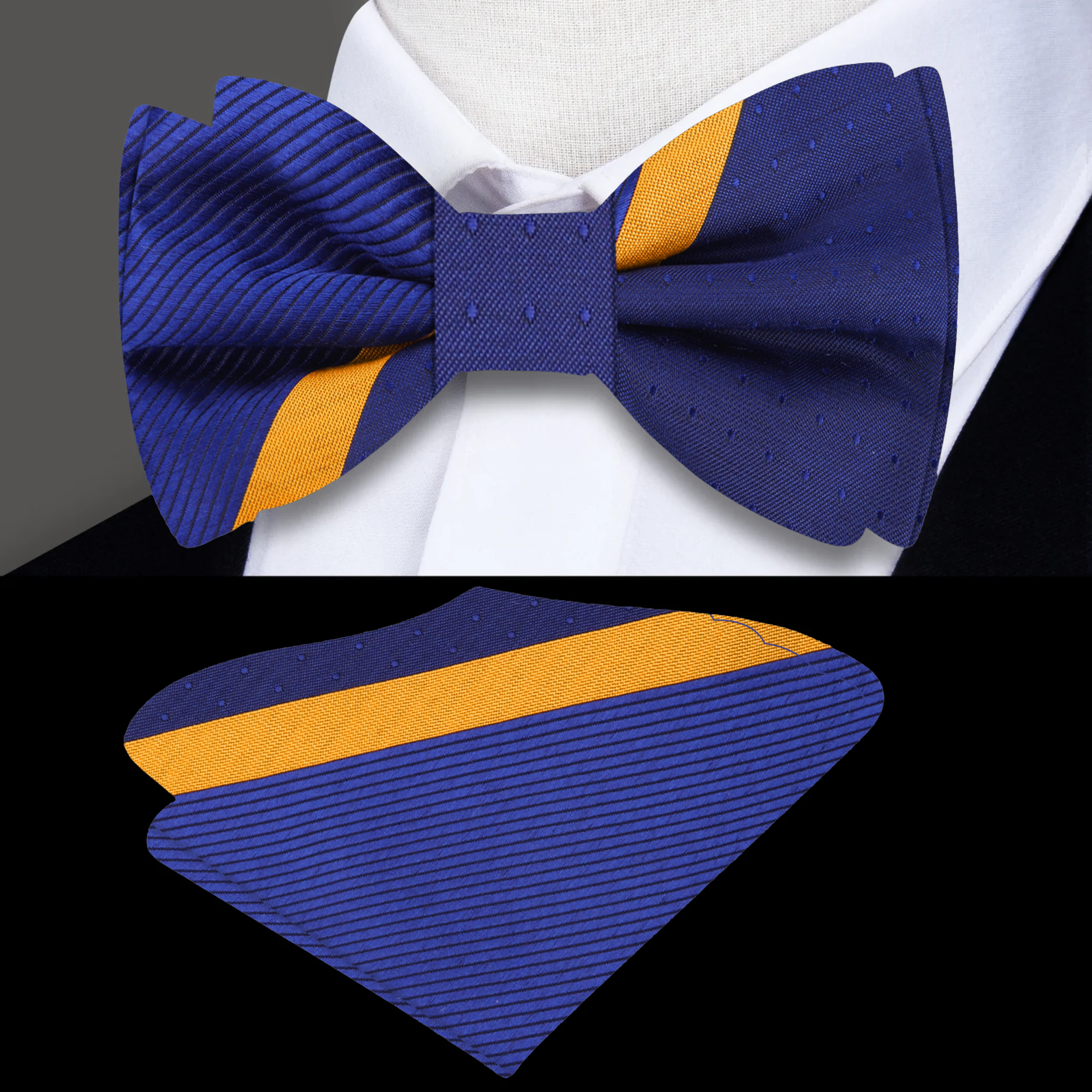 Close-up view of the dark blue and gold striped bow tie, highlighting its rich silk fabric and craftsmanship.