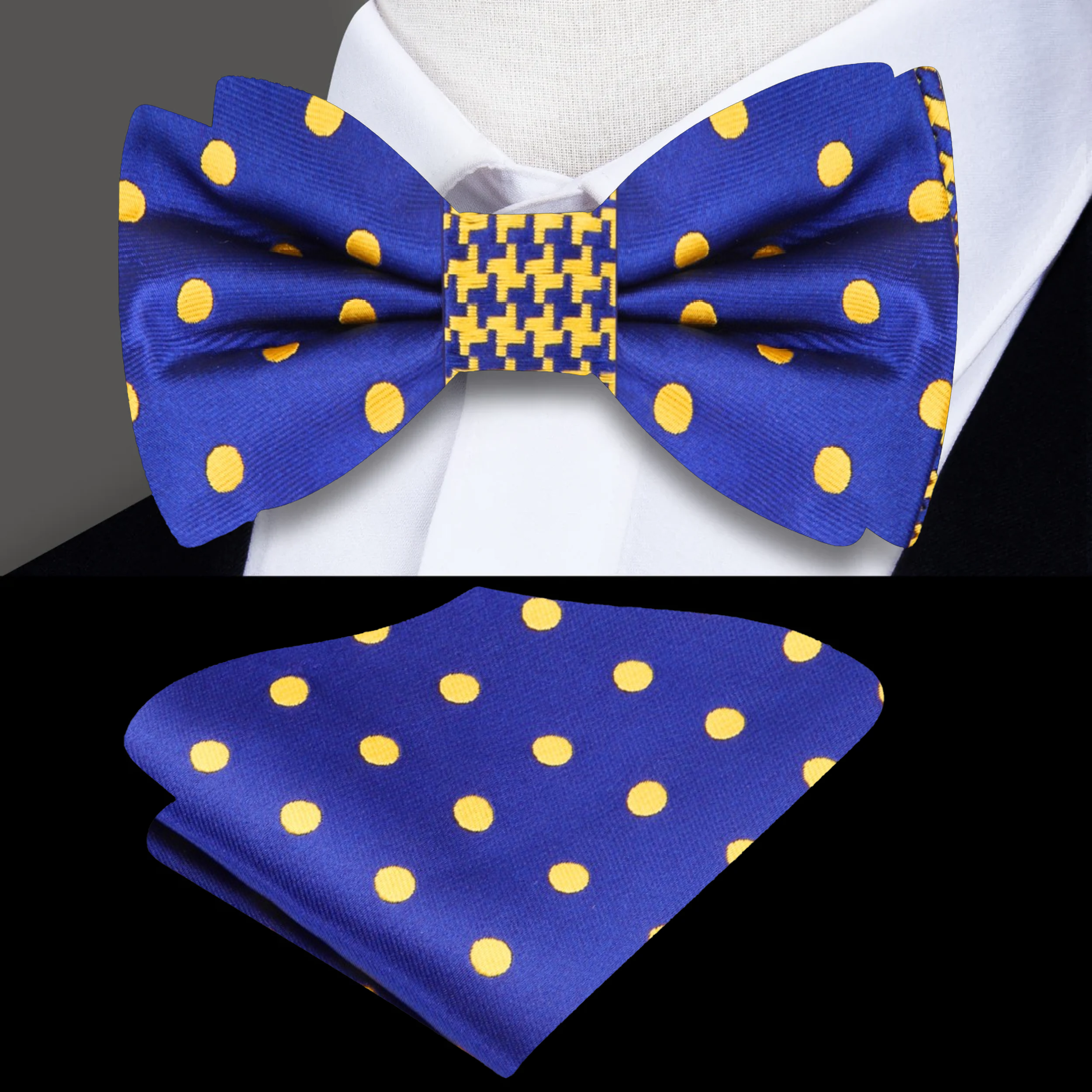 Front view of Midnight Charm pre-tied silk bow tie against white shirt