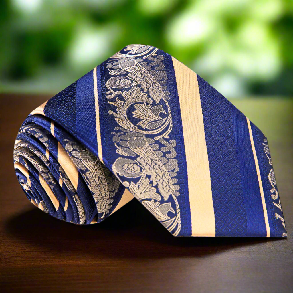 Close-up of the detailed floral and stripe pattern on the silk tie