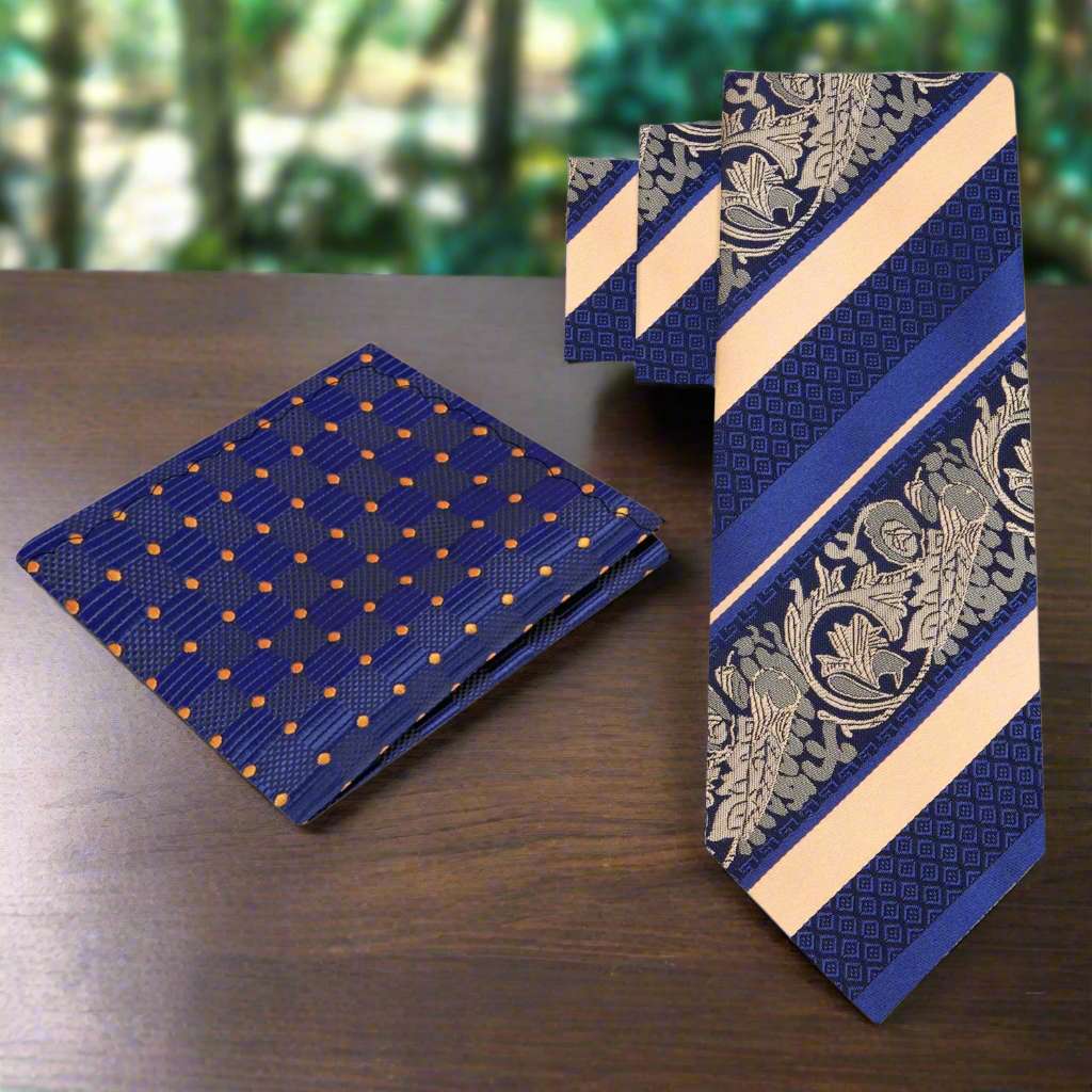 Fashionable man wearing the silk tie with a white dress shirt and navy suit