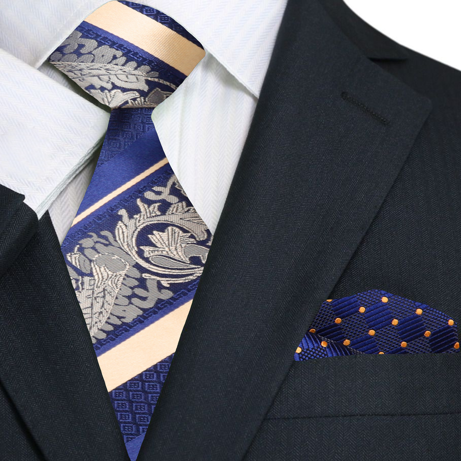 Fashionable man wearing the silk tie with a white dress shirt and navy suit