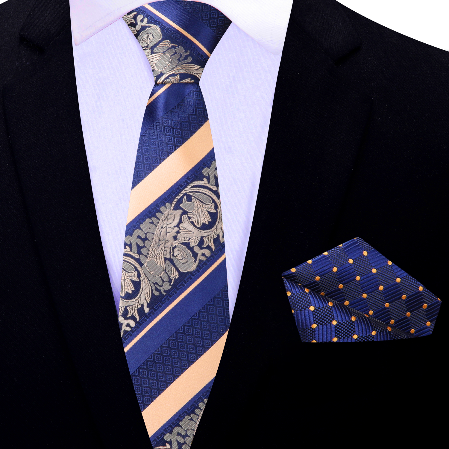 Close-up of the detailed floral and stripe pattern on the silk tie