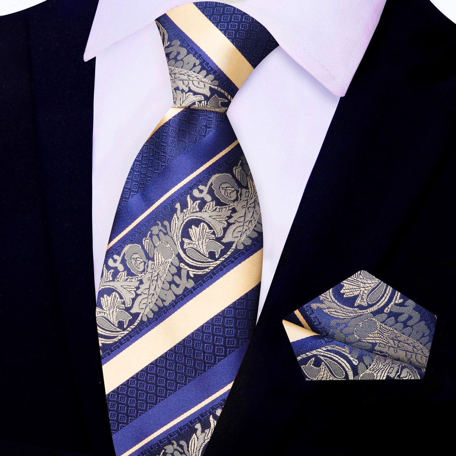 Close-up of the detailed floral and stripe pattern on the silk tie