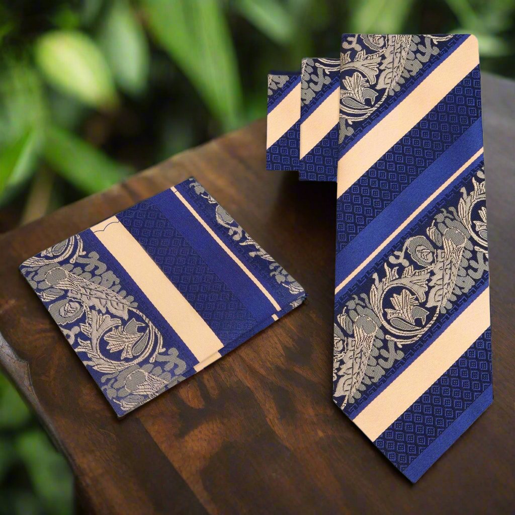 Elegant silk necktie draped over a wooden surface, highlighting its colors and texture