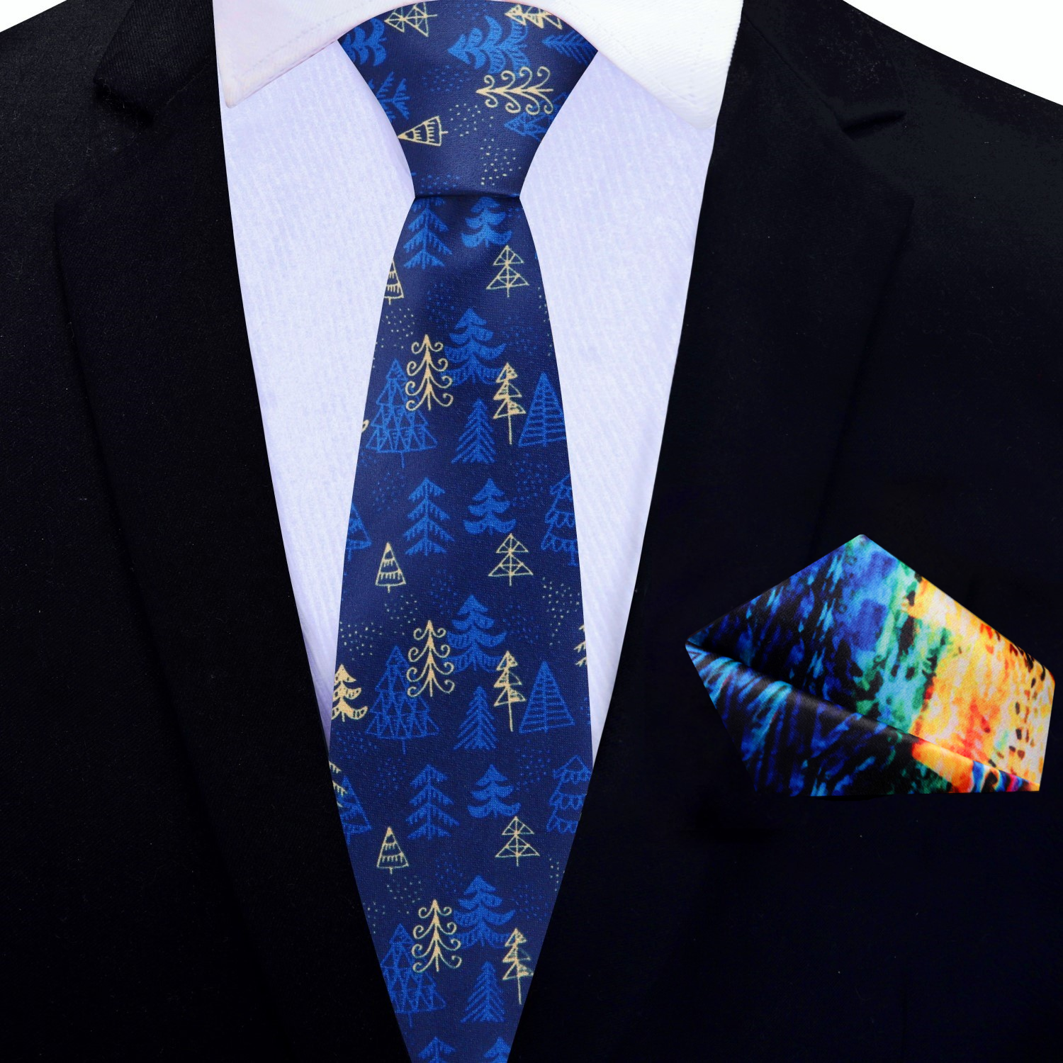 Stylish man wearing a Christmas necktie and suit at a holiday gathering