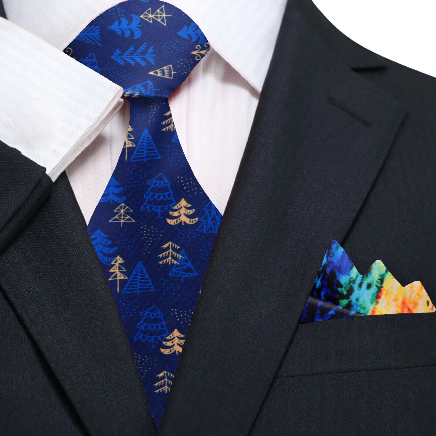 Close-up of the Christmas necktie showcasing the festive forest pattern