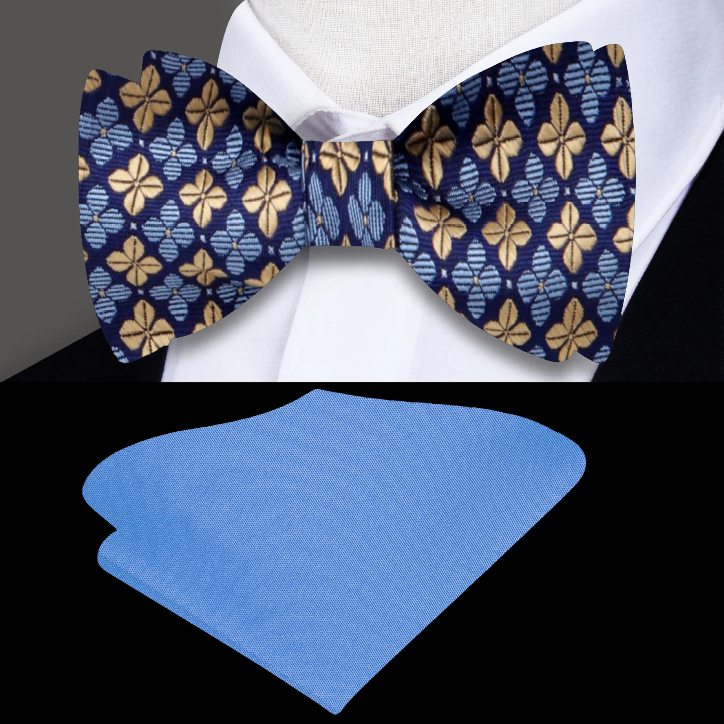 Model wearing self-tie floral bow tie with matching pocket square for formal event