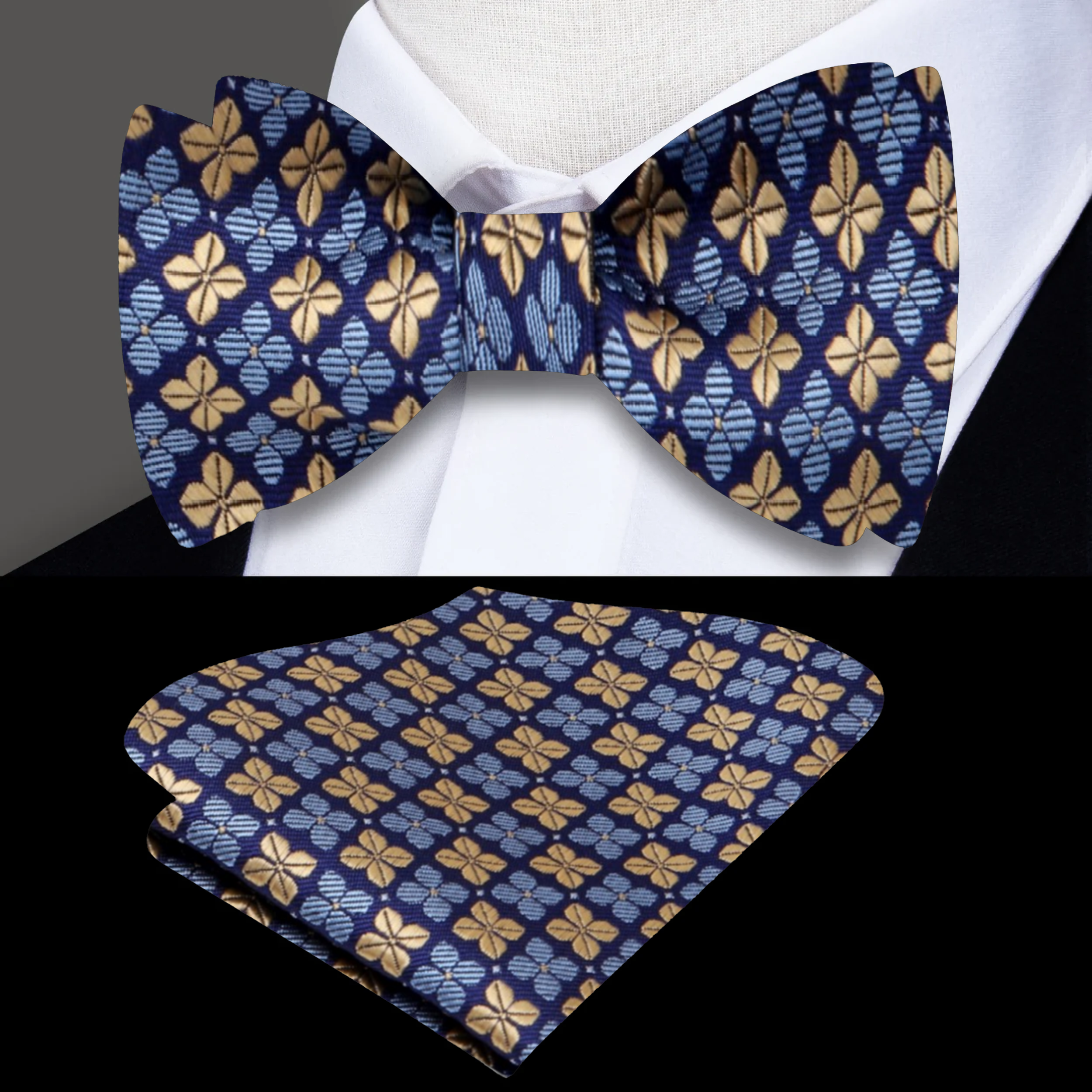 Silk bow tie lying flat showing detailed pattern and vibrant colors
