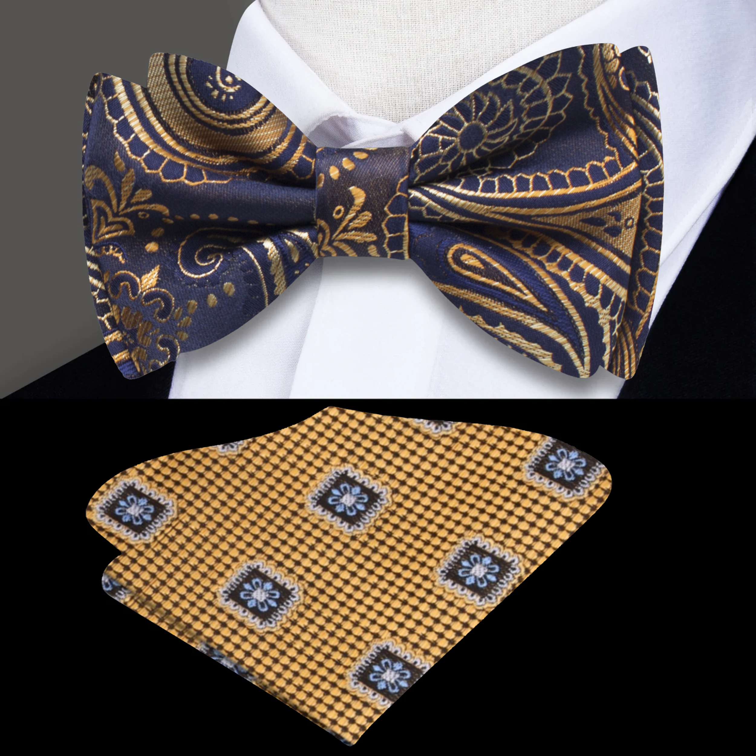 Elegant paisley silk bow tie worn with a white dress shirt for a wedding