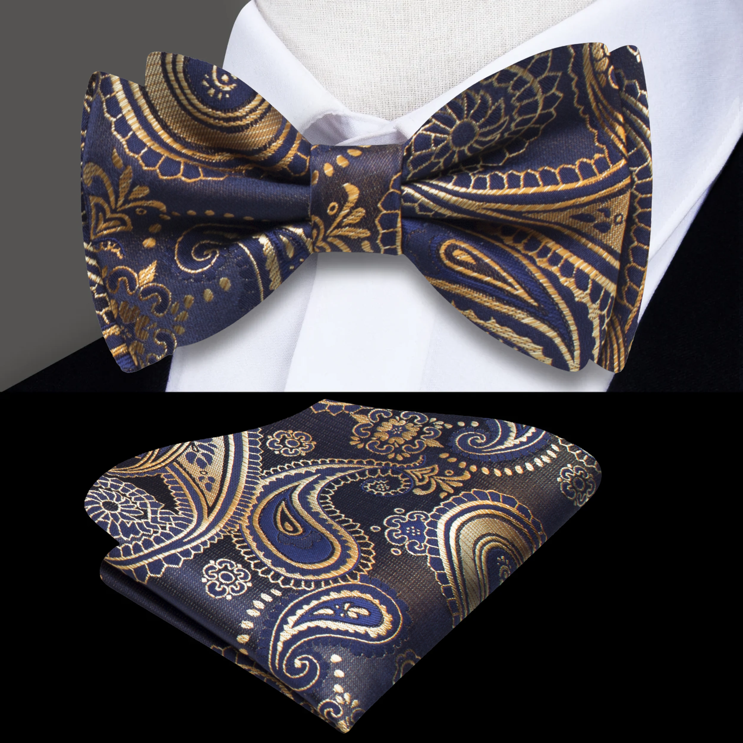 Close-up of kids bow tie with paisley pattern in deep blue for formal occasions
