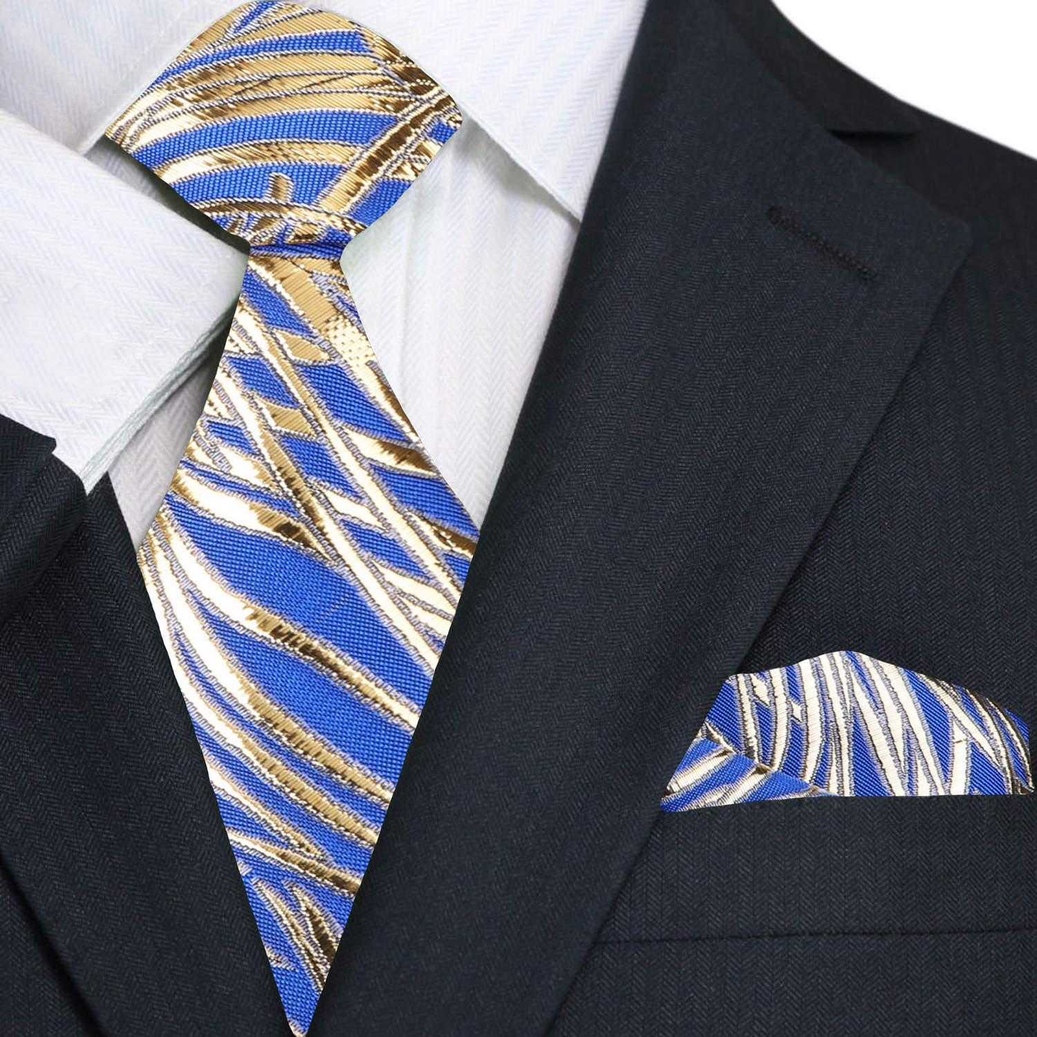 Royal Peacock Feather silk tie displayed alongside a matching pocket square, emphasizing its elegant design.