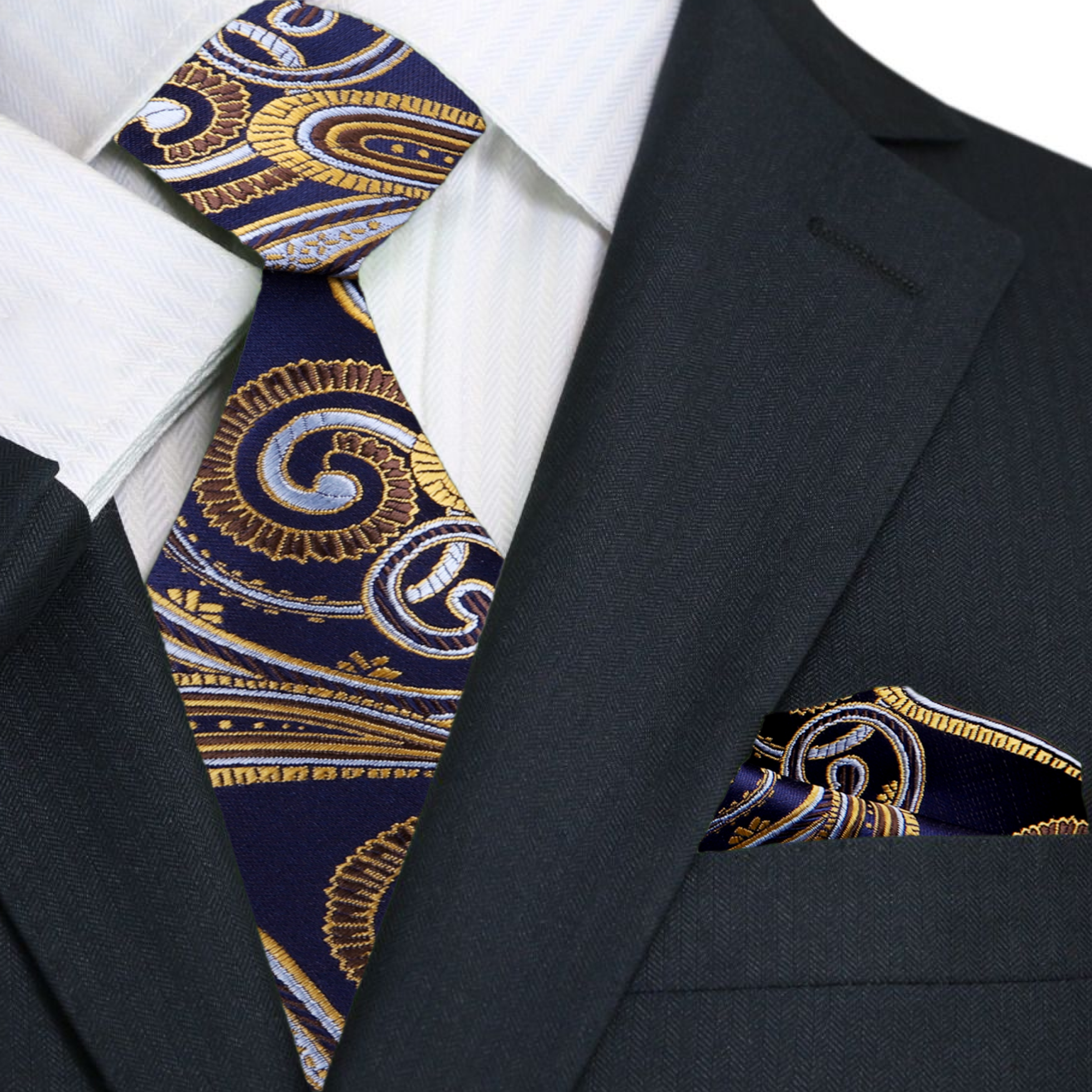 Model wearing a paisley silk tie with gold pattern paired with a white dress shirt