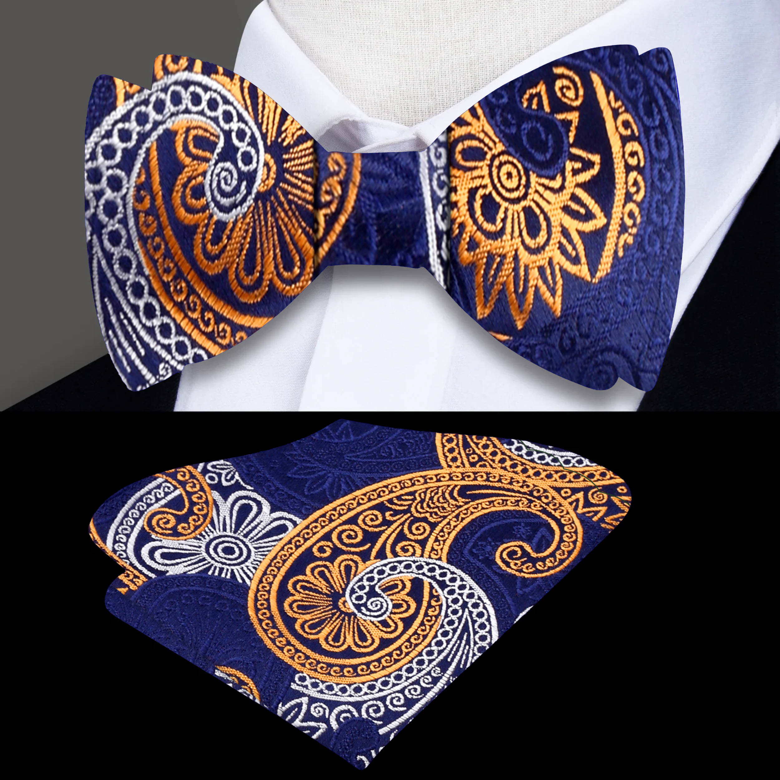Front view of a stylish paisley bow tie in blue and yellow for men