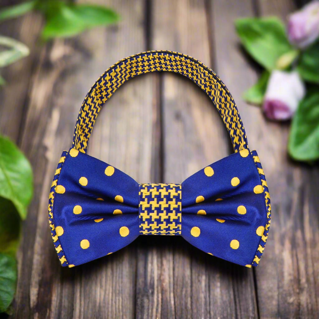 Close-up of bow tie and matching pocket square showing houndstooth detail